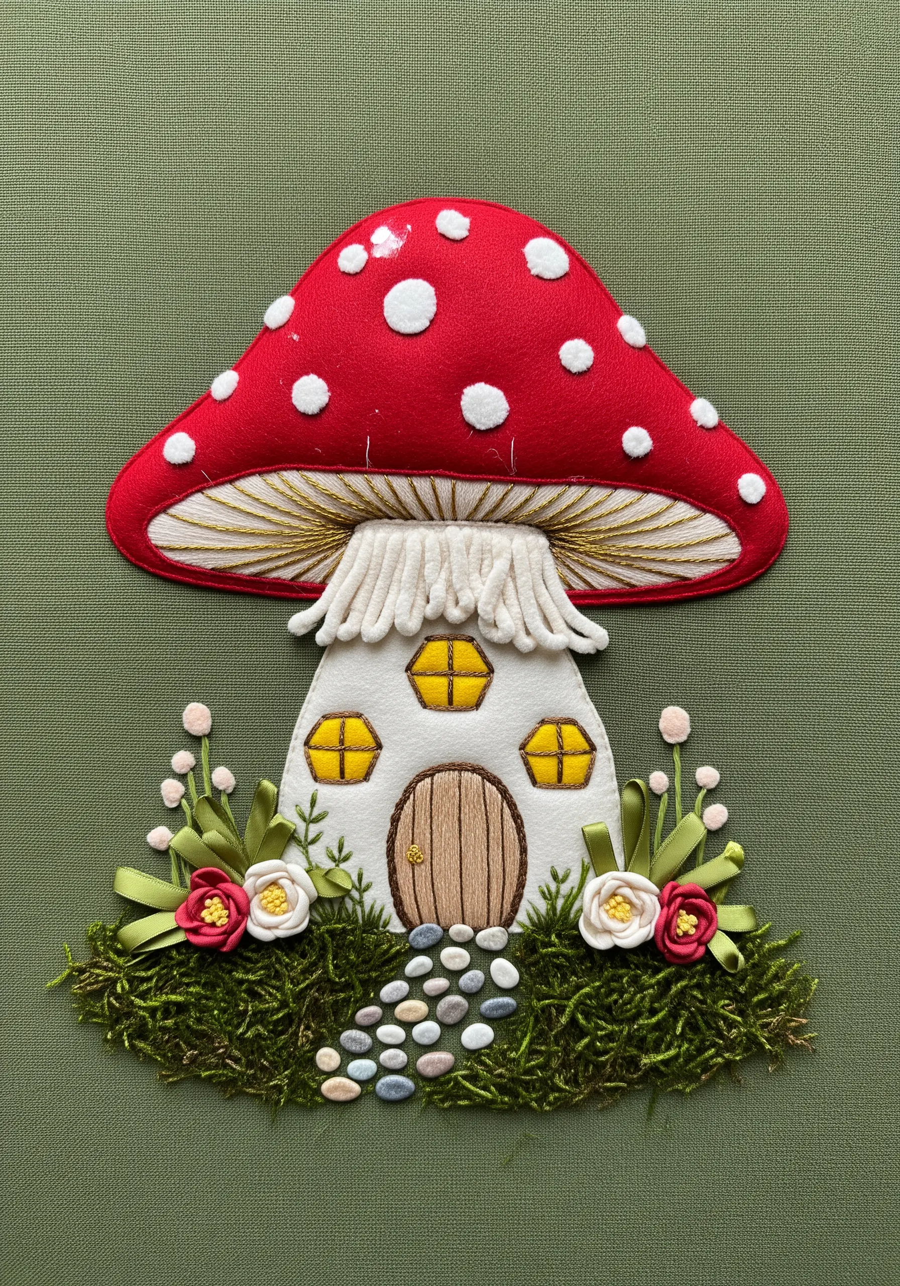 Felt appliqué mushroom house with ribbon flowers and a preserved moss base.