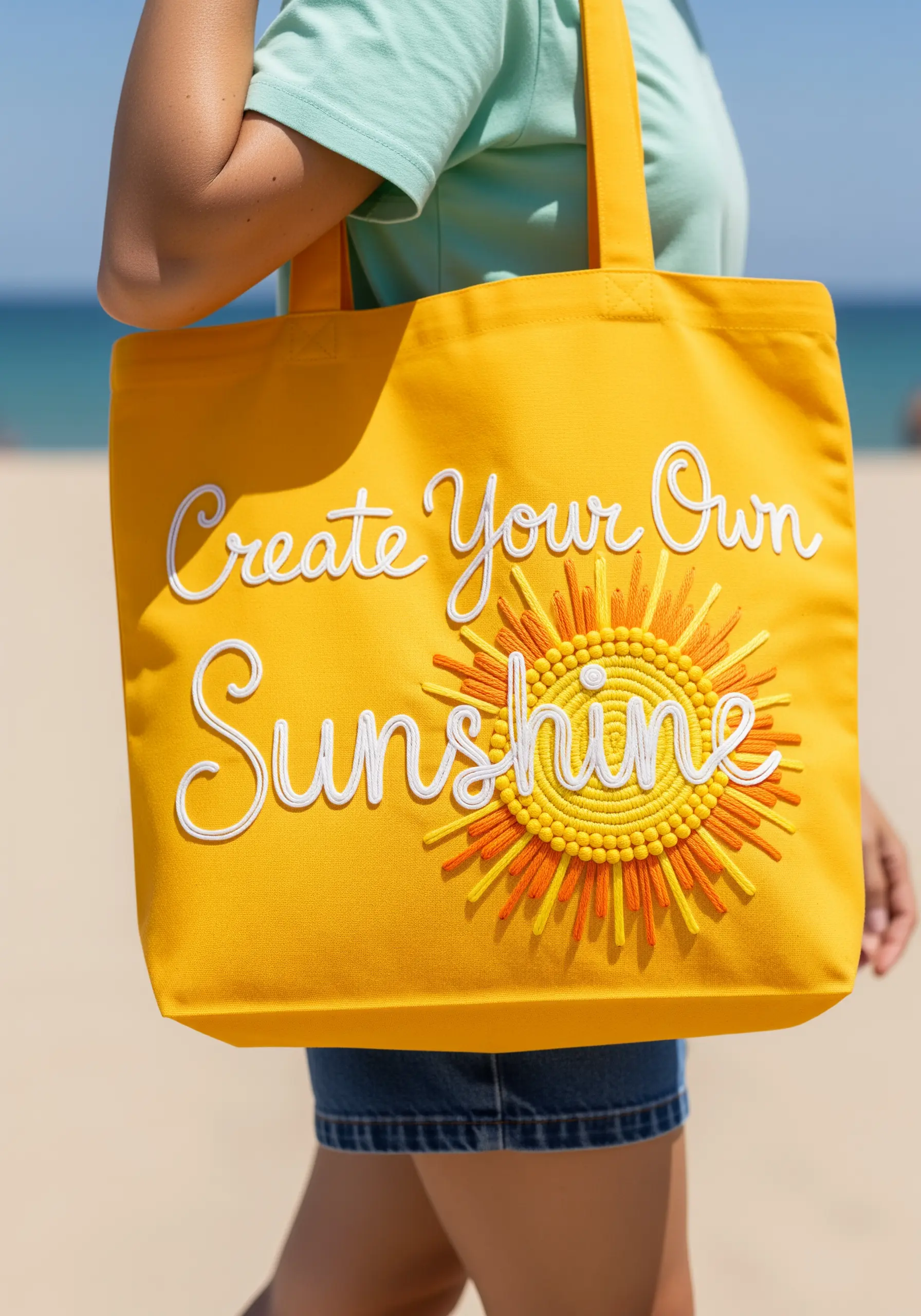 Embroidered quote 'Create Your Own Sunshine' with a large, textural sun made of French knots.