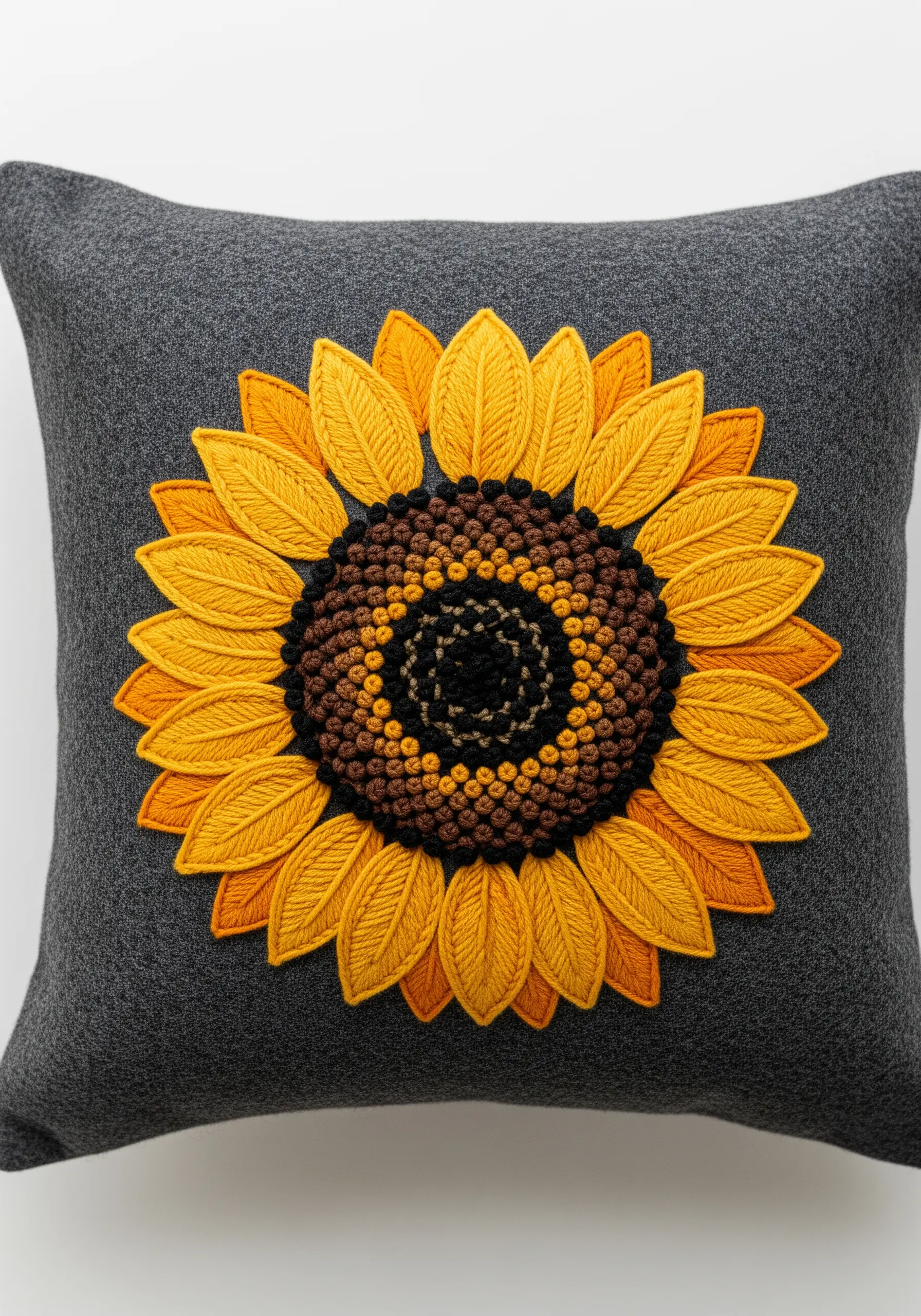 A bold, textural embroidered sunflower with a dense knotted center on a charcoal pillow.