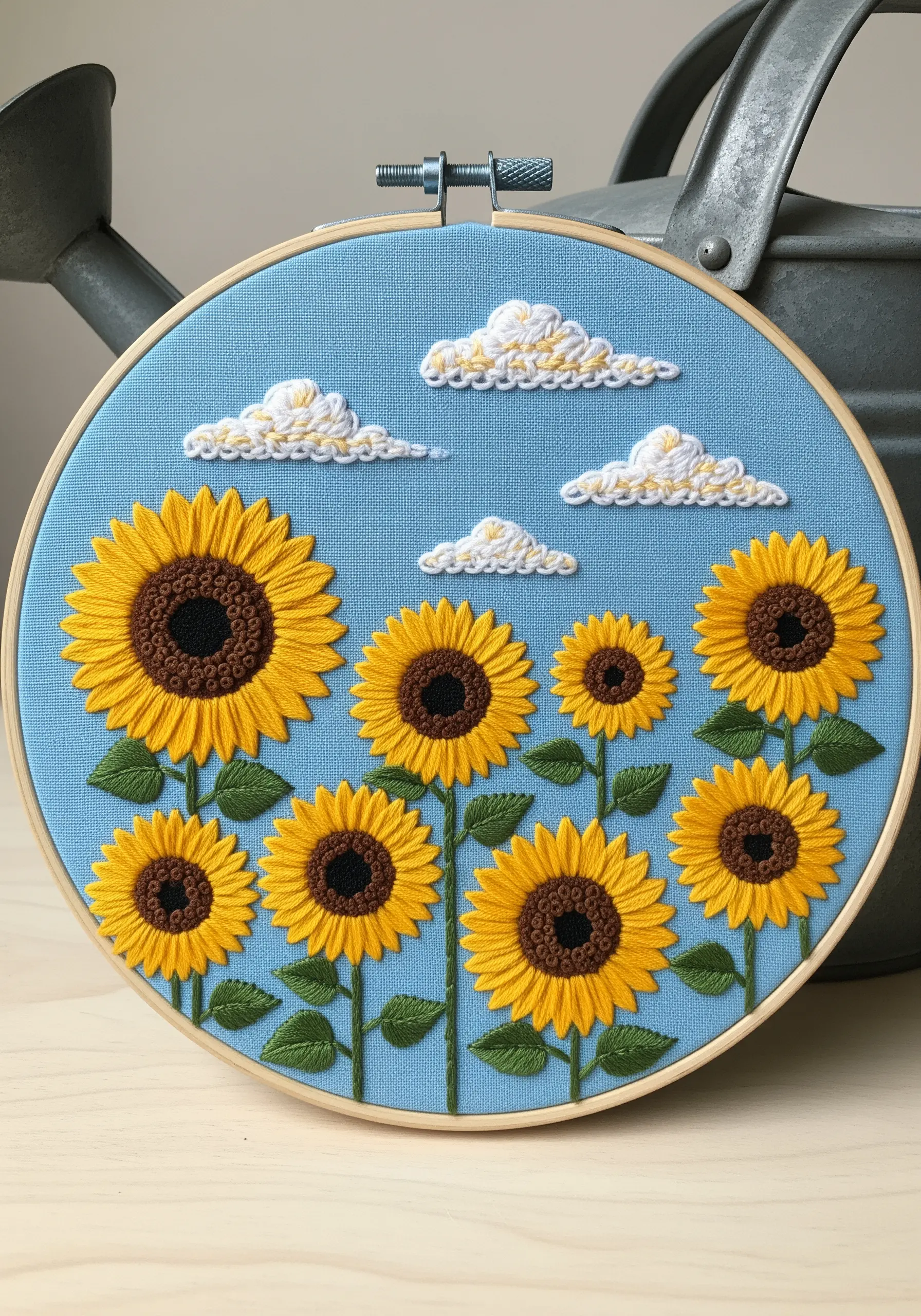 Embroidery of a field of sunflowers with textured centers and yellow petals.