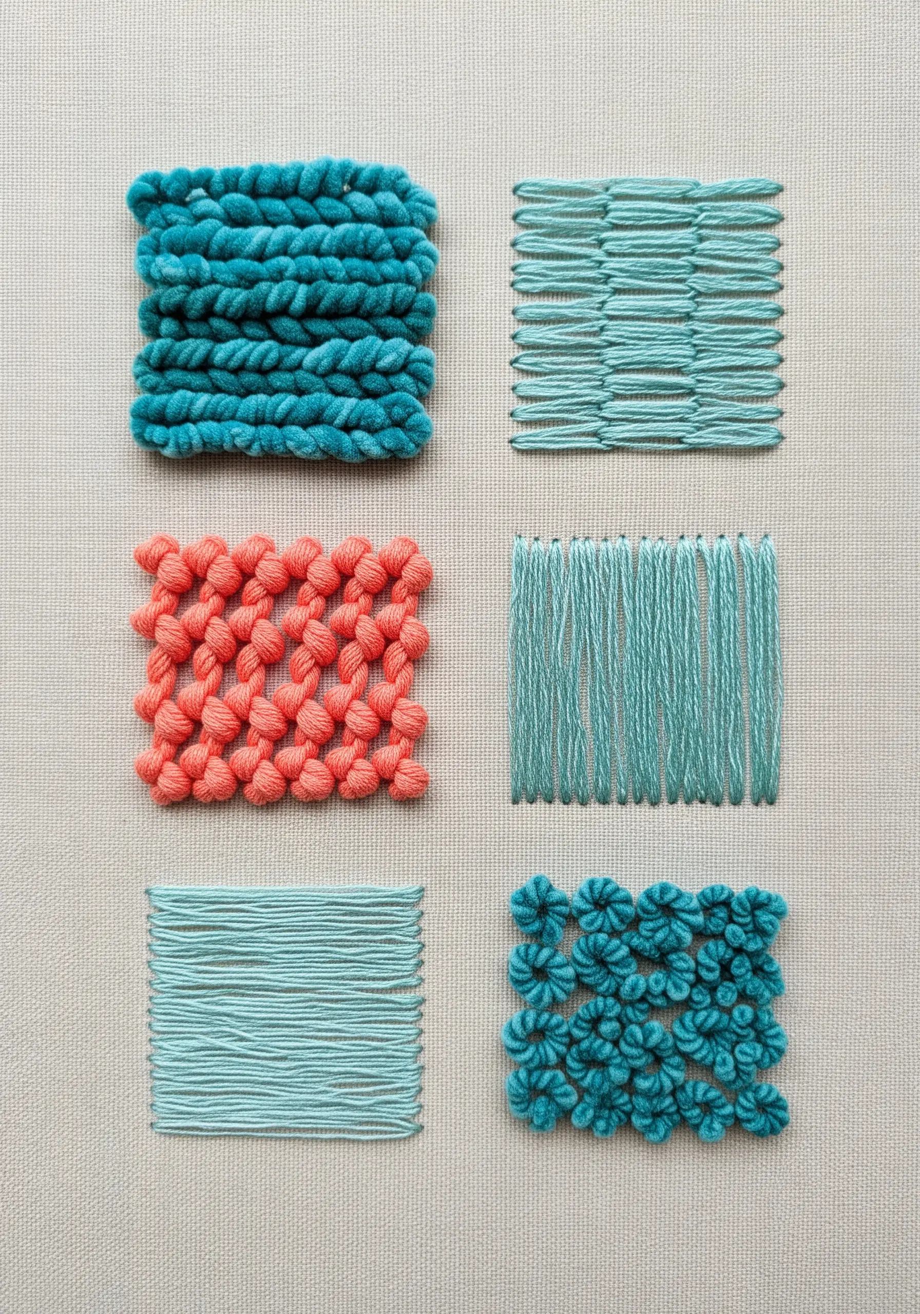A textural stitch sampler with six squares showing different embroidery and yarn techniques.