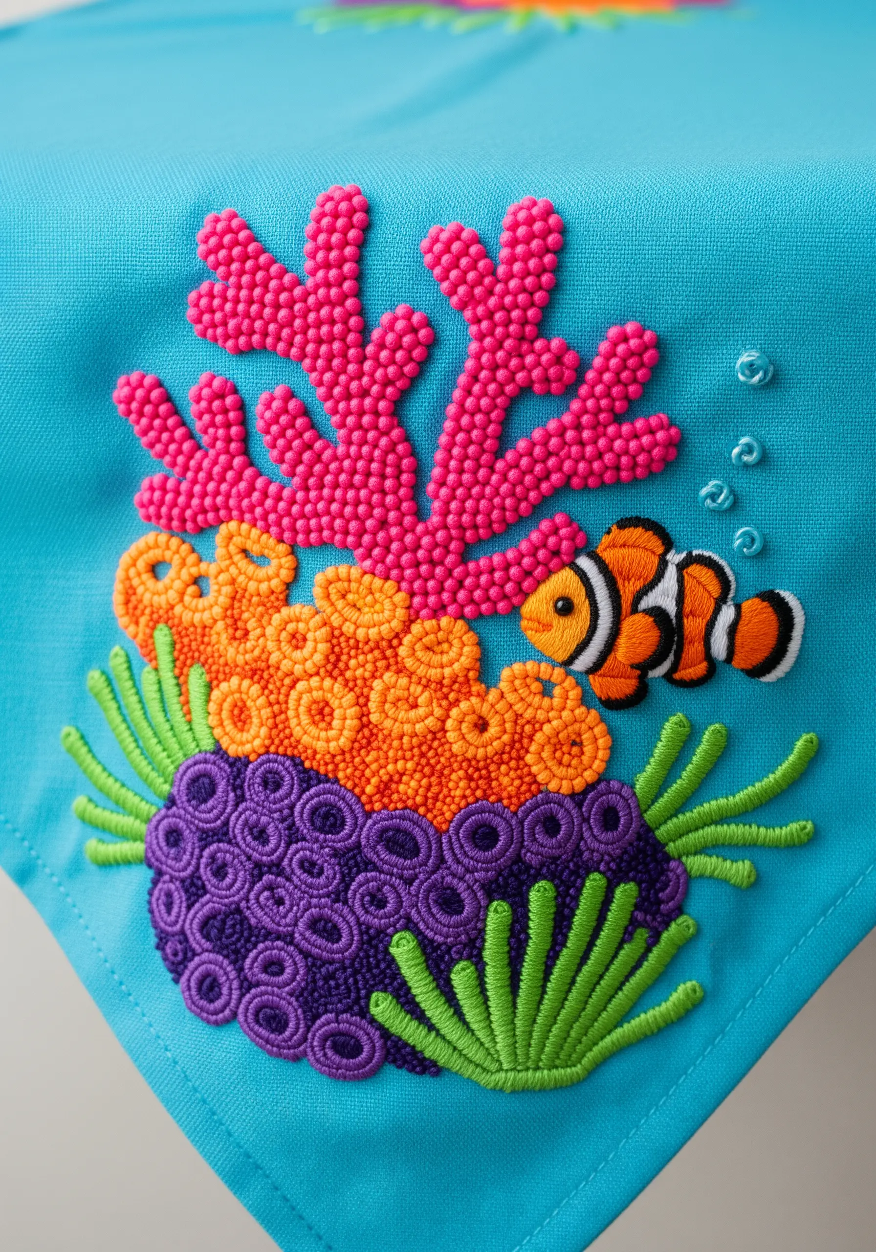 A colorful coral reef scene with a clownfish, using French knots and satin stitch.