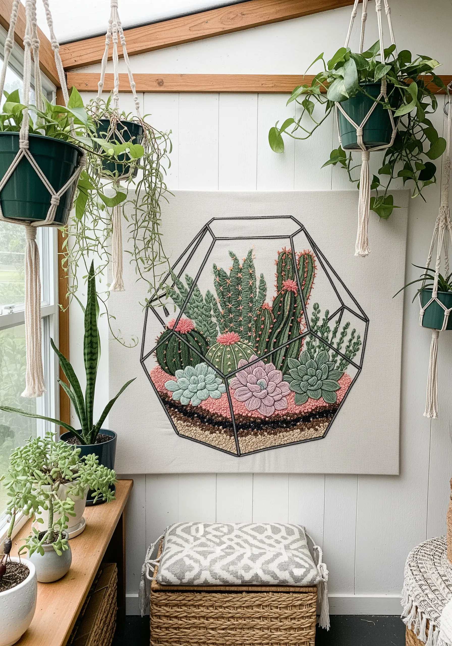 A large embroidery of a geometric terrarium filled with textured cacti and succulents.