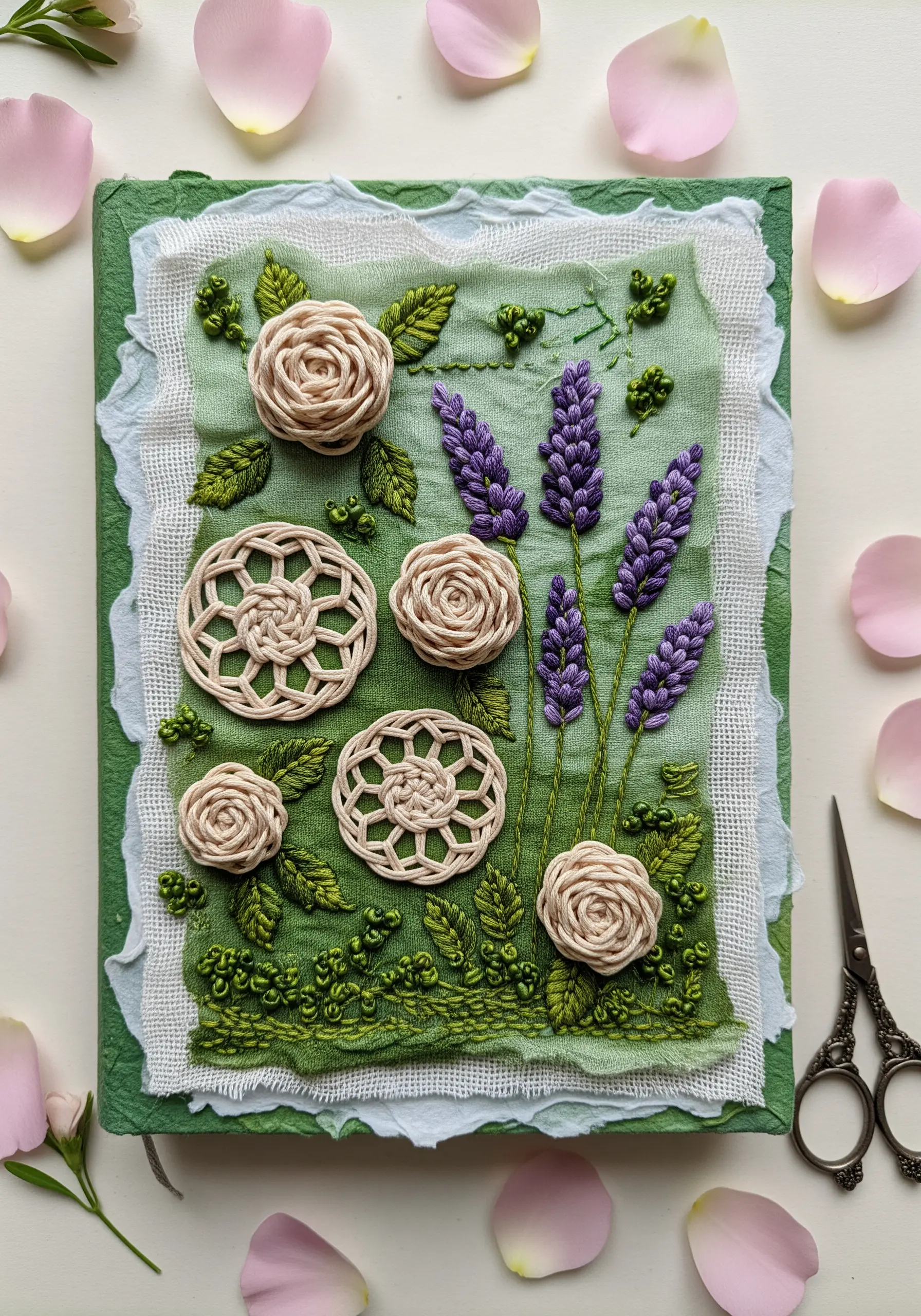Textural floral embroidery on a journal with woven wheel roses and bullion knot lavender.