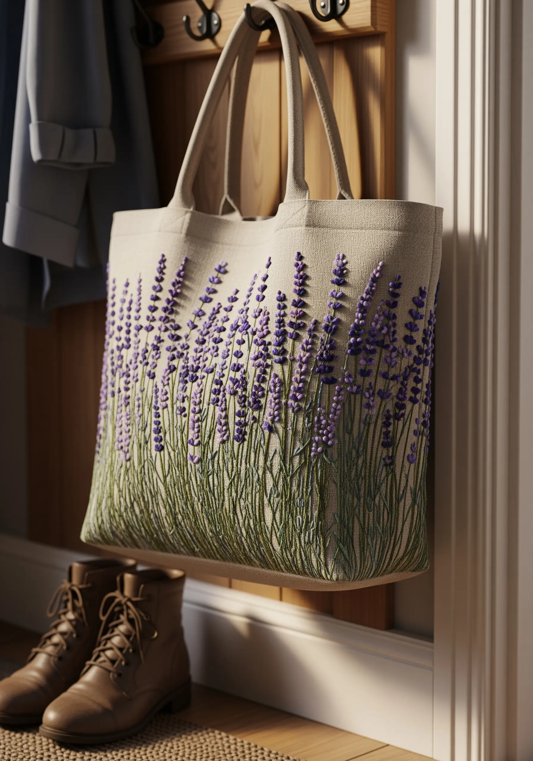 A canvas tote bag embroidered with a dense field of lavender, using French and bullion knots.
