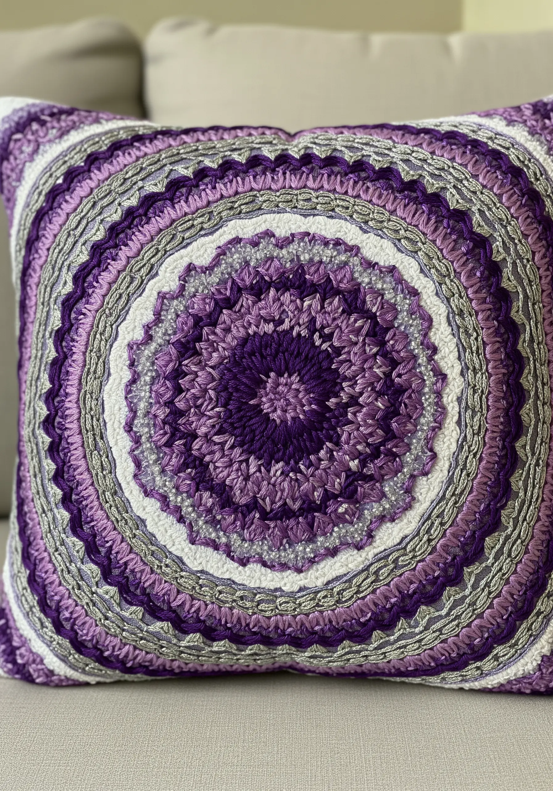 Highly textured embroidered cushion with a purple and grey mandala design.