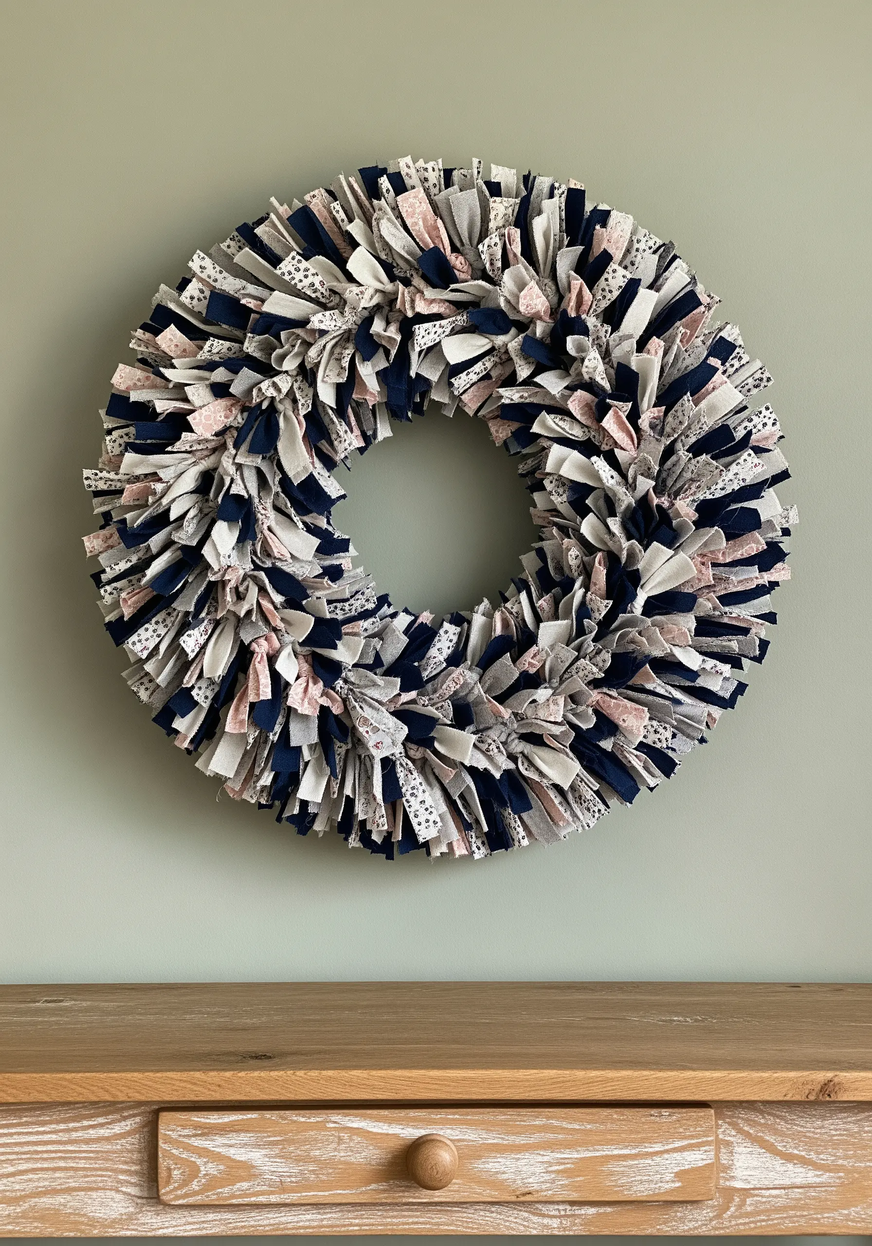 A full rag wreath made from navy, white, and pink patterned fabric strips.