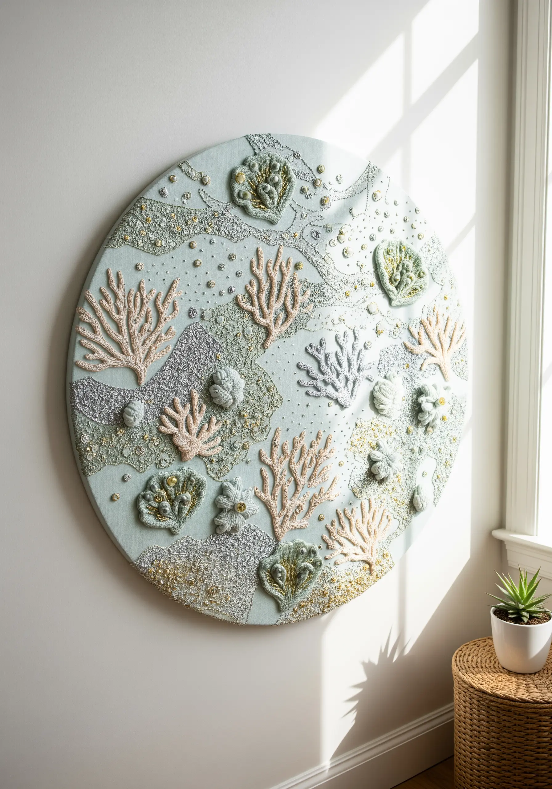 Circular mixed-media wall art with embroidered coral, metallic threads, and beads on pastel fabric.