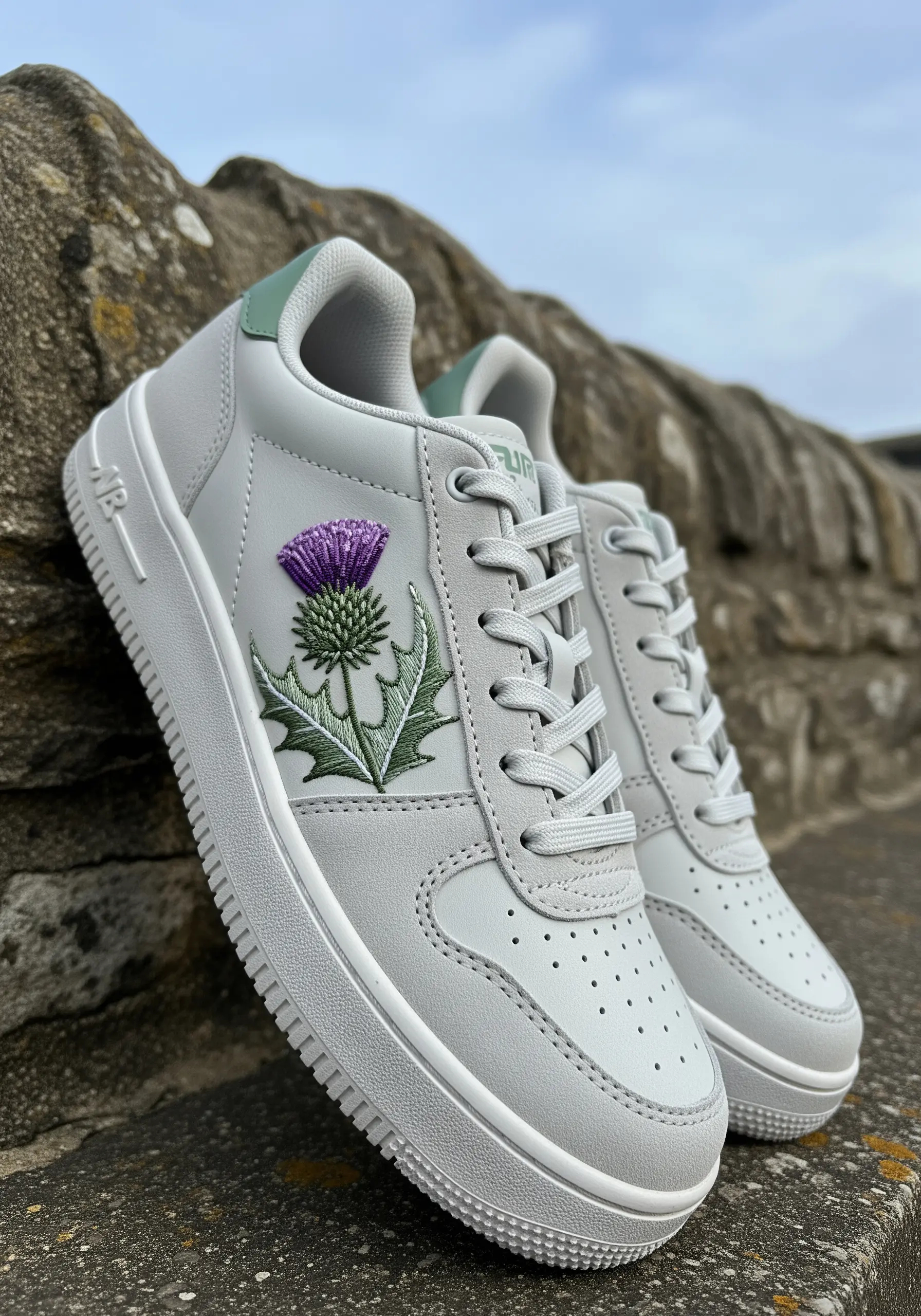 A detailed Scottish thistle with a textured purple flower embroidered on a white sneaker.