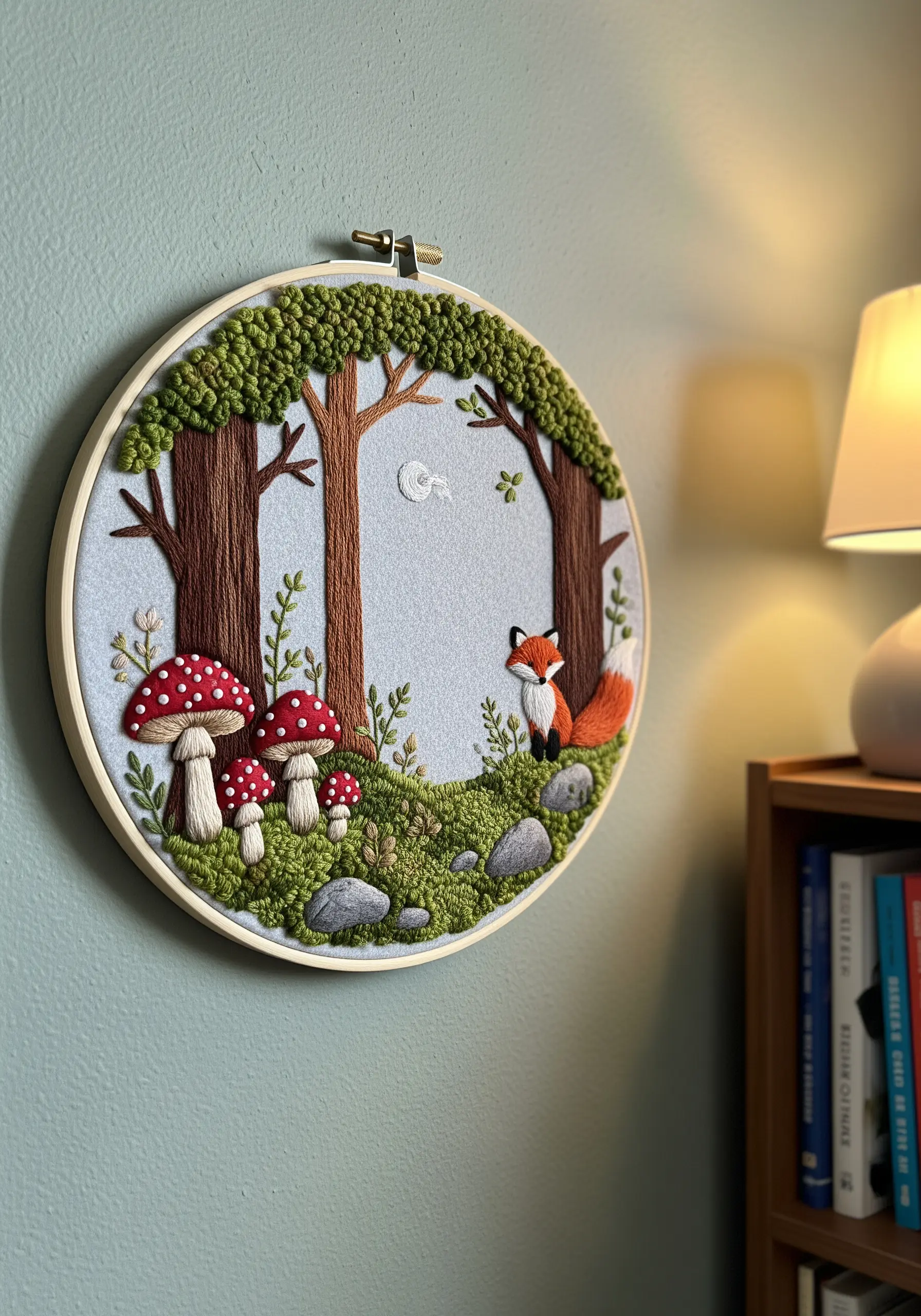 Embroidered woodland scene with a fox, textured trees, and mushrooms in a hoop.