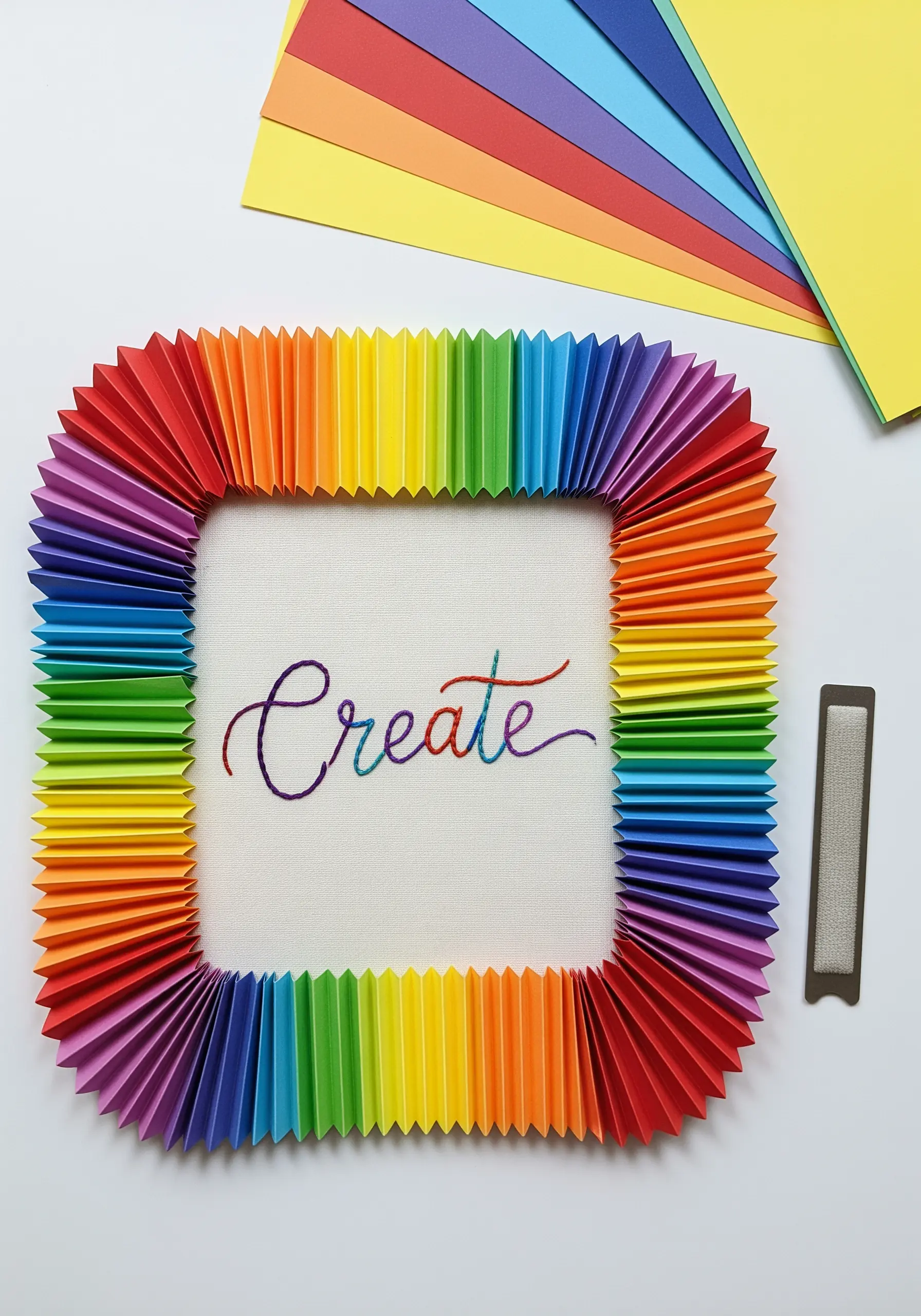 Rainbow embroidered 'Create' text framed with pleated, rainbow-colored paper strips.