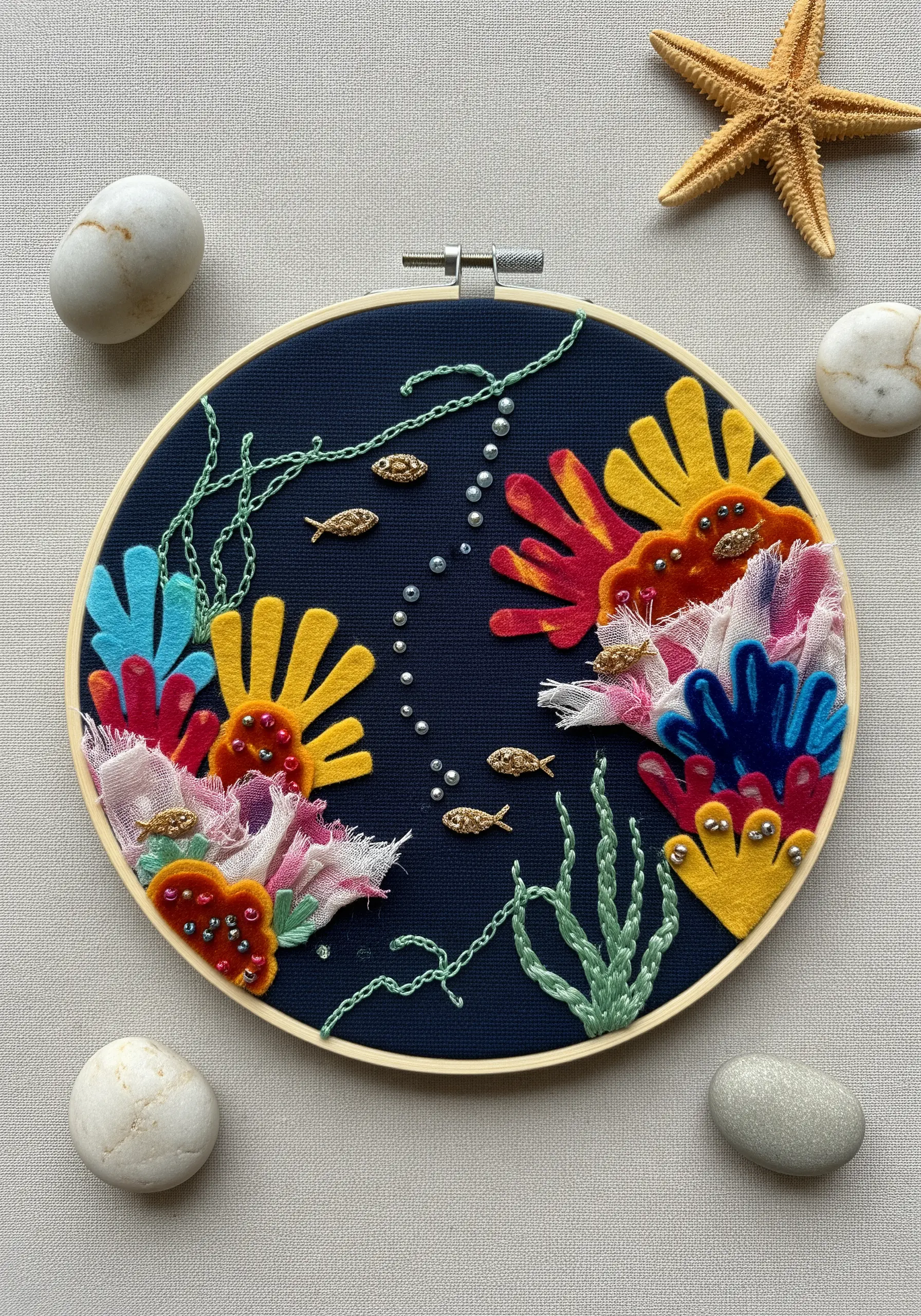 Embroidery hoop art of a colorful coral reef made from layered felt, sheer fabrics, and beads.