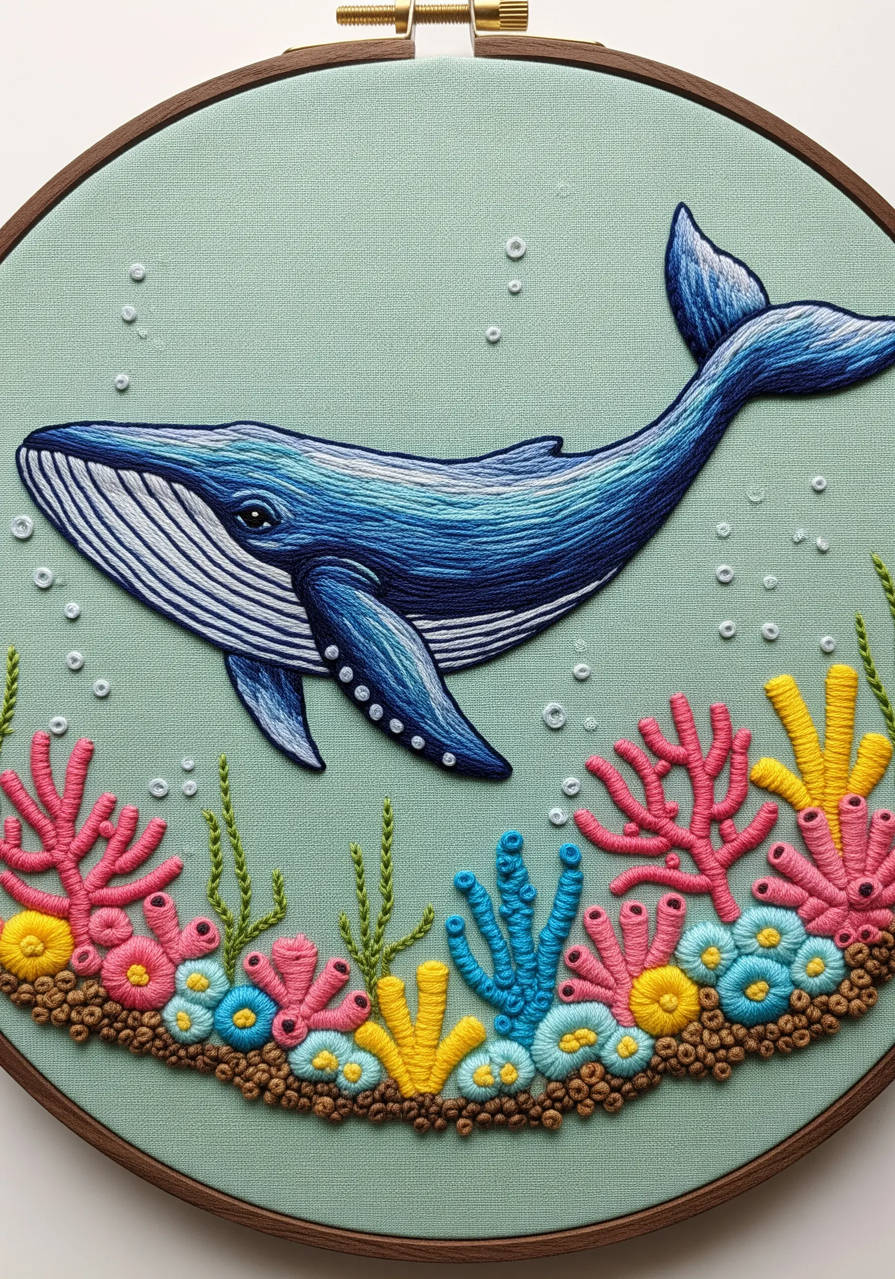 Colorful embroidery of a blue whale swimming above a textured coral reef with French knots.