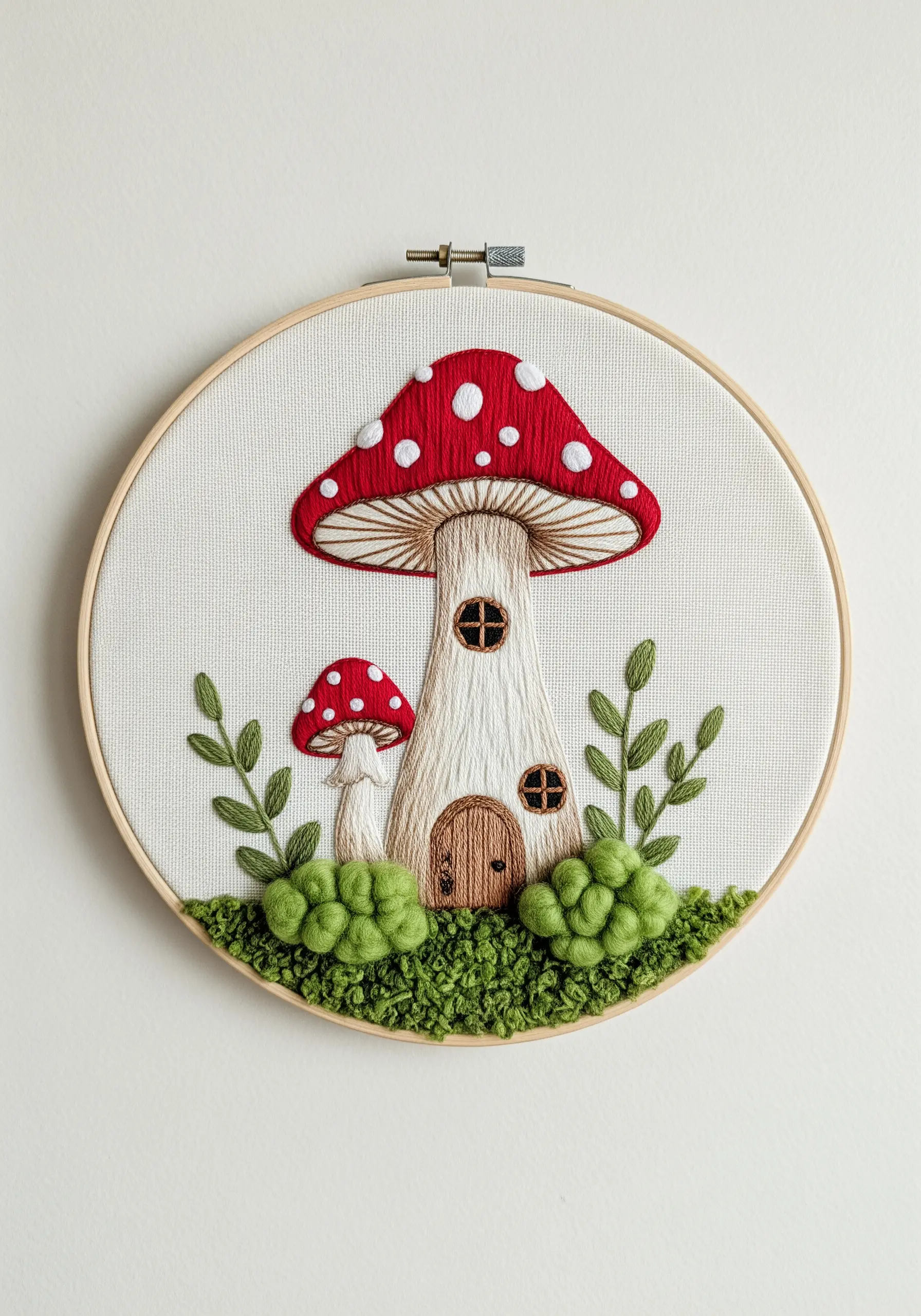 An embroidered fly agaric mushroom designed to look like a tiny house with a door and windows.