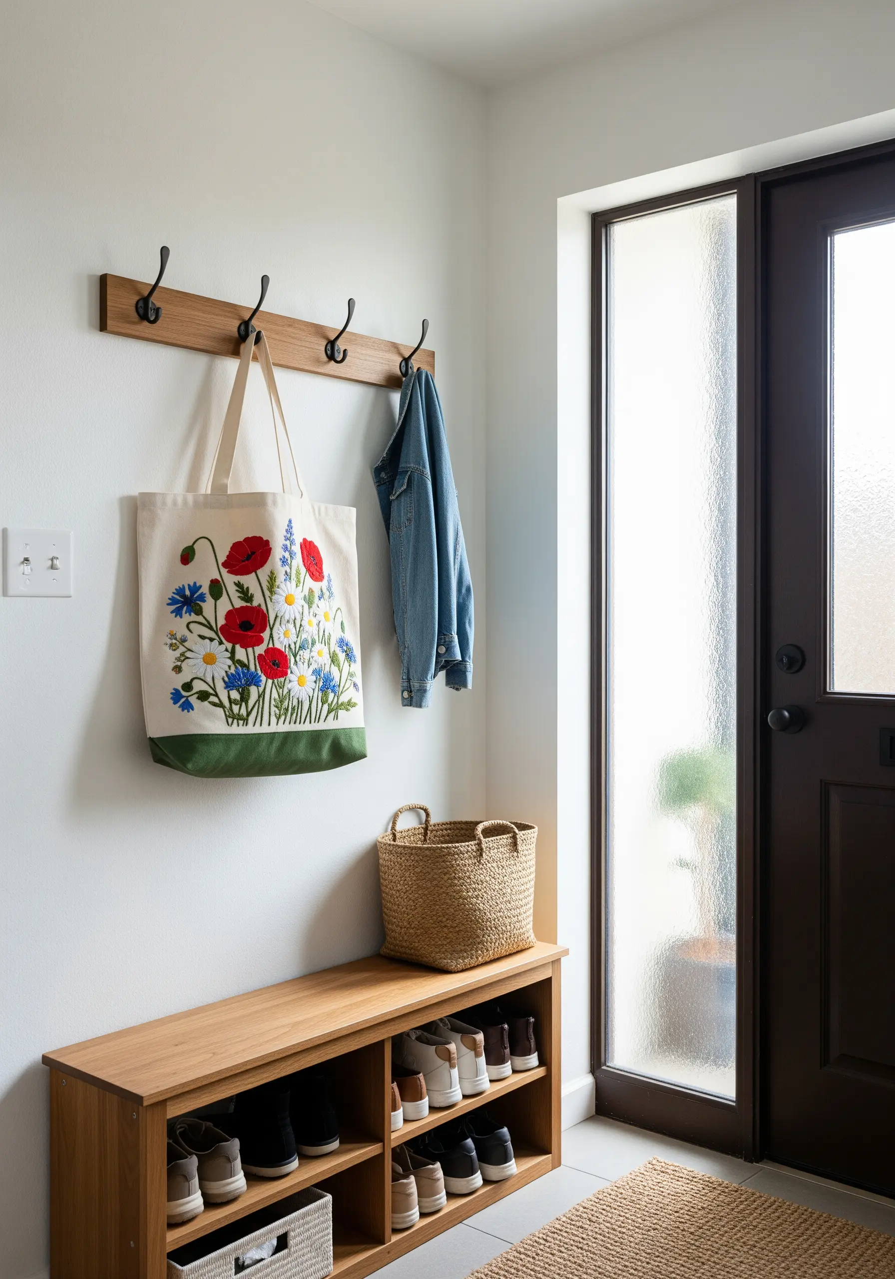 A canvas tote bag hanging on a hook, embroidered with a dense bunch of colorful wildflowers.