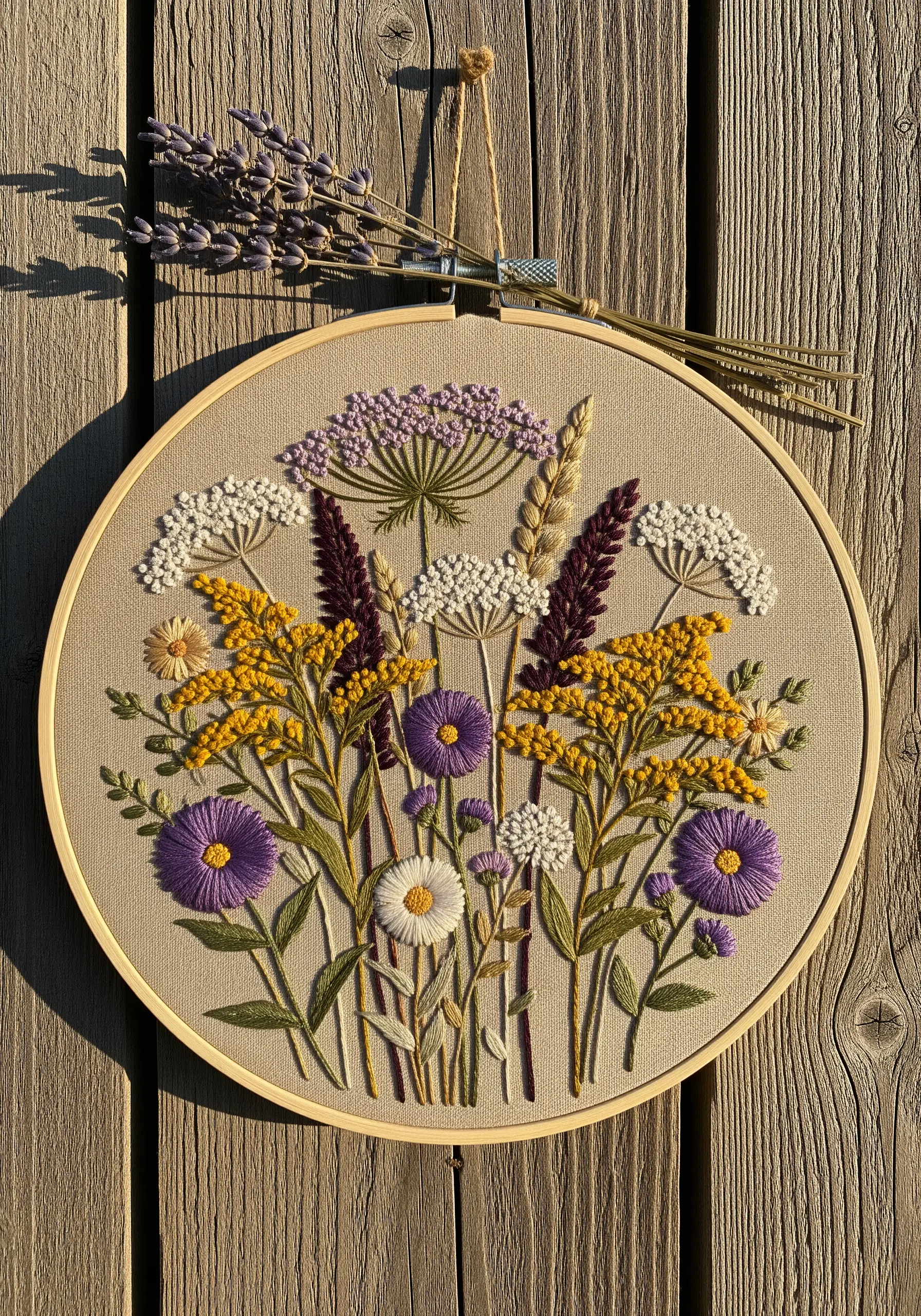 Embroidery hoop with textured wildflowers in purple, yellow, and white on neutral fabric.