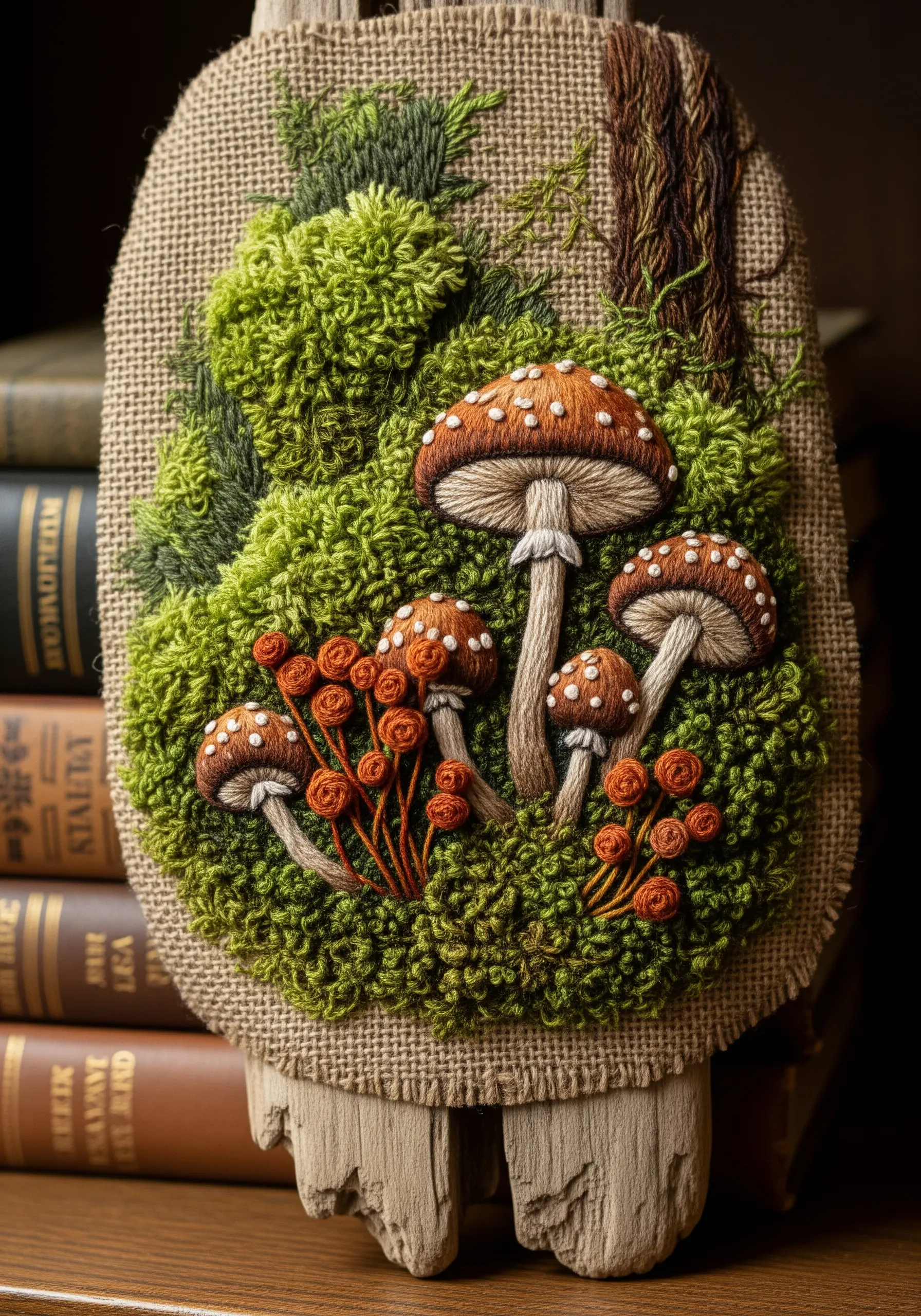 3D embroidery of mushrooms on a bed of textured moss made from French knots and turkey work.