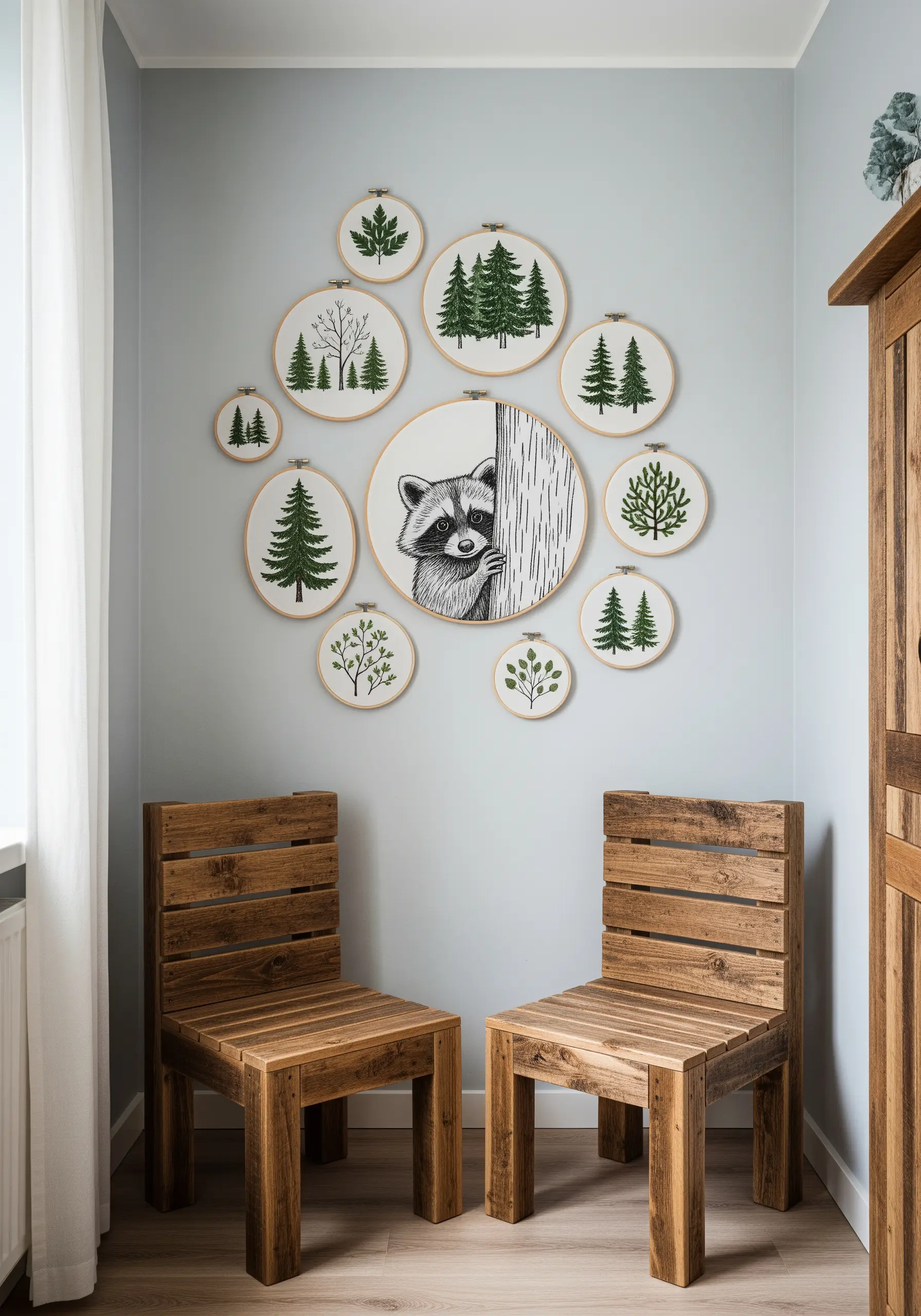 A large gallery wall of embroidery hoops, with a central raccoon surrounded by many smaller hoops of trees.