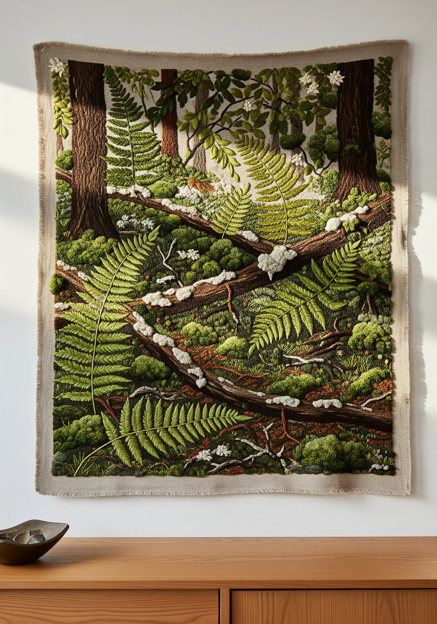 Large embroidered wall tapestry of a dense forest floor with ferns and moss.