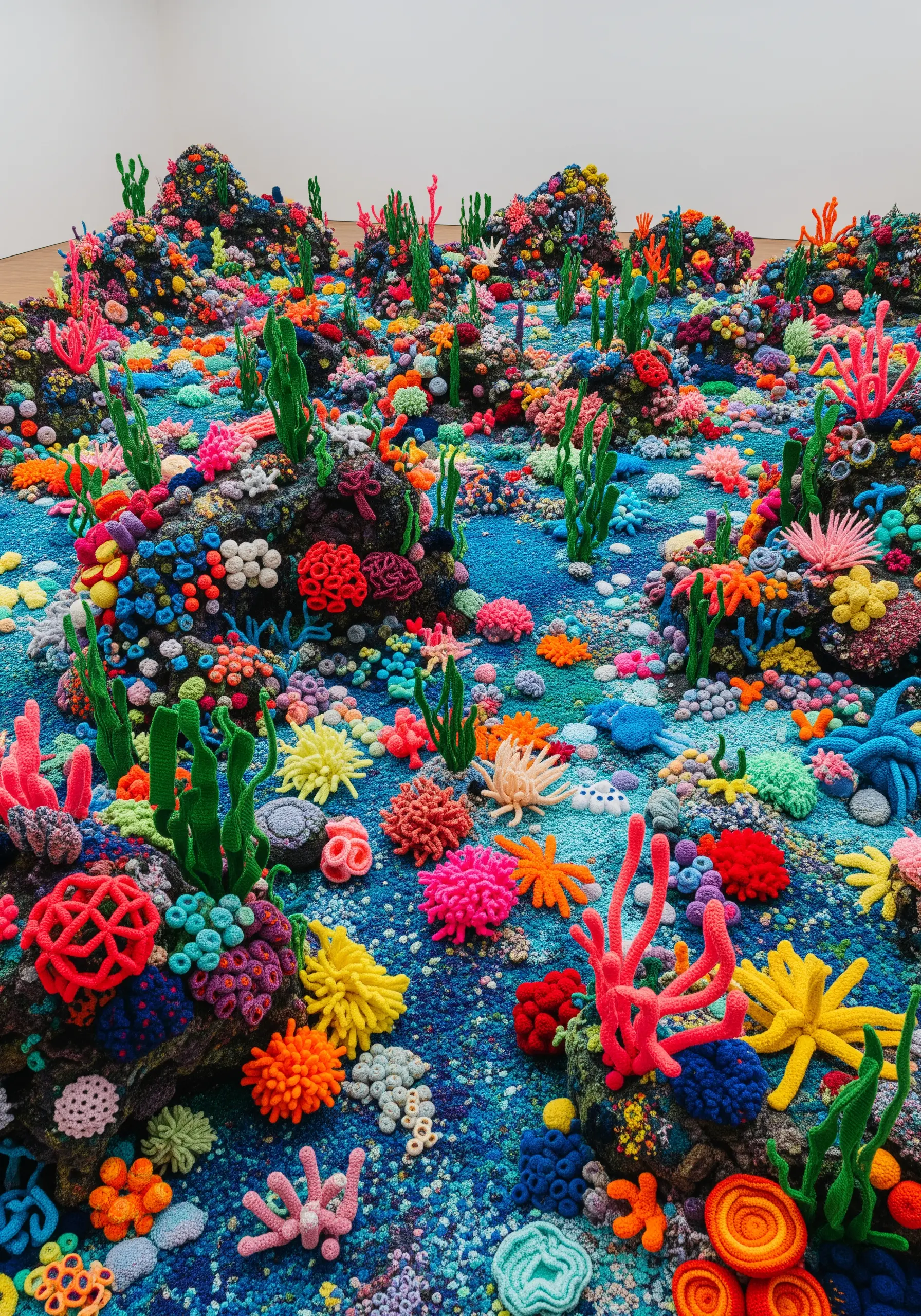 A vibrant, room-filling installation of a crocheted coral reef with countless colorful pieces.
