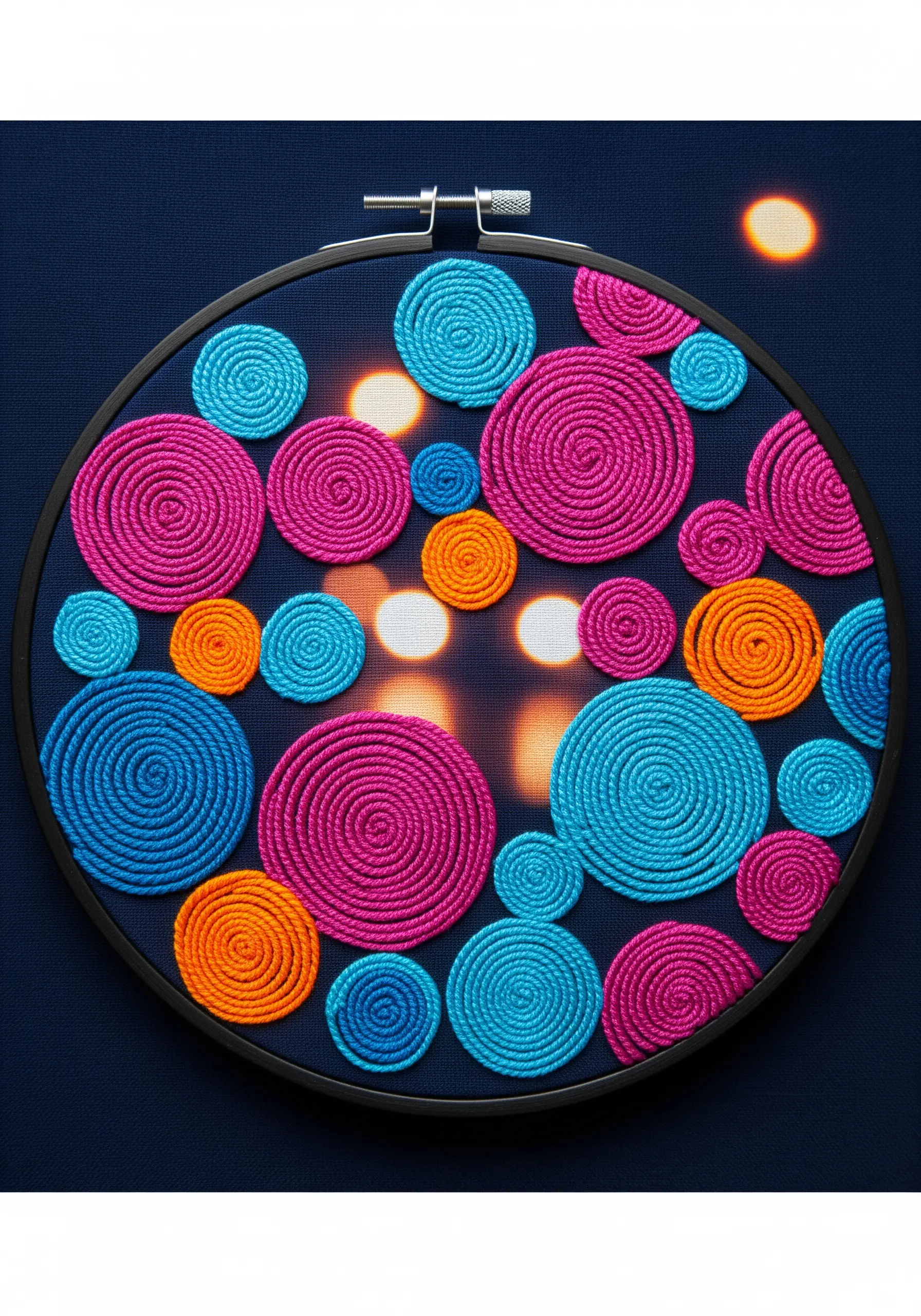 Abstract hoop art featuring tightly coiled circles of pink, blue, and orange yarn.