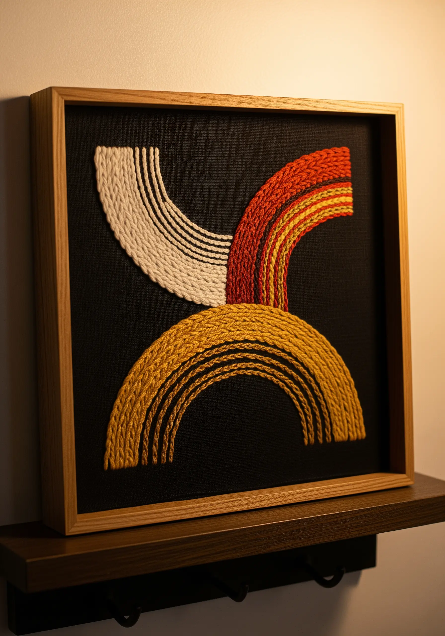 Abstract arched shapes made from thick, couched yarn in white, red, and yellow.