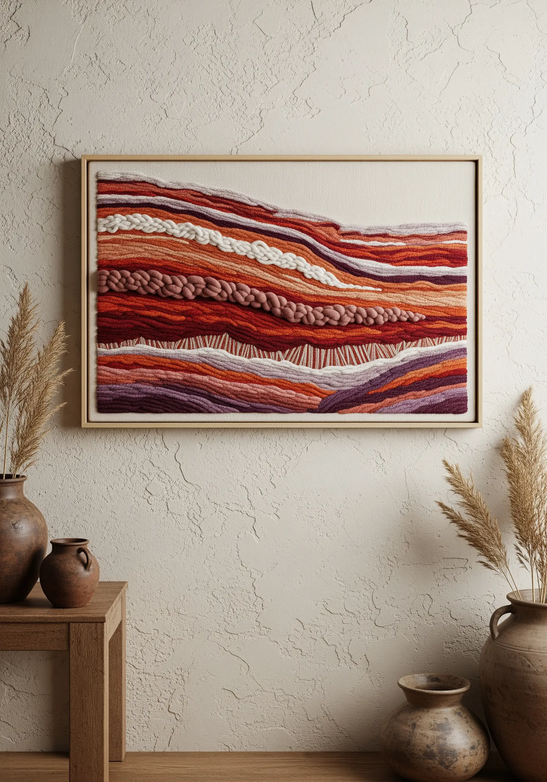 Framed abstract fiber art with horizontal layers of heavily textured stitches in earth tones.