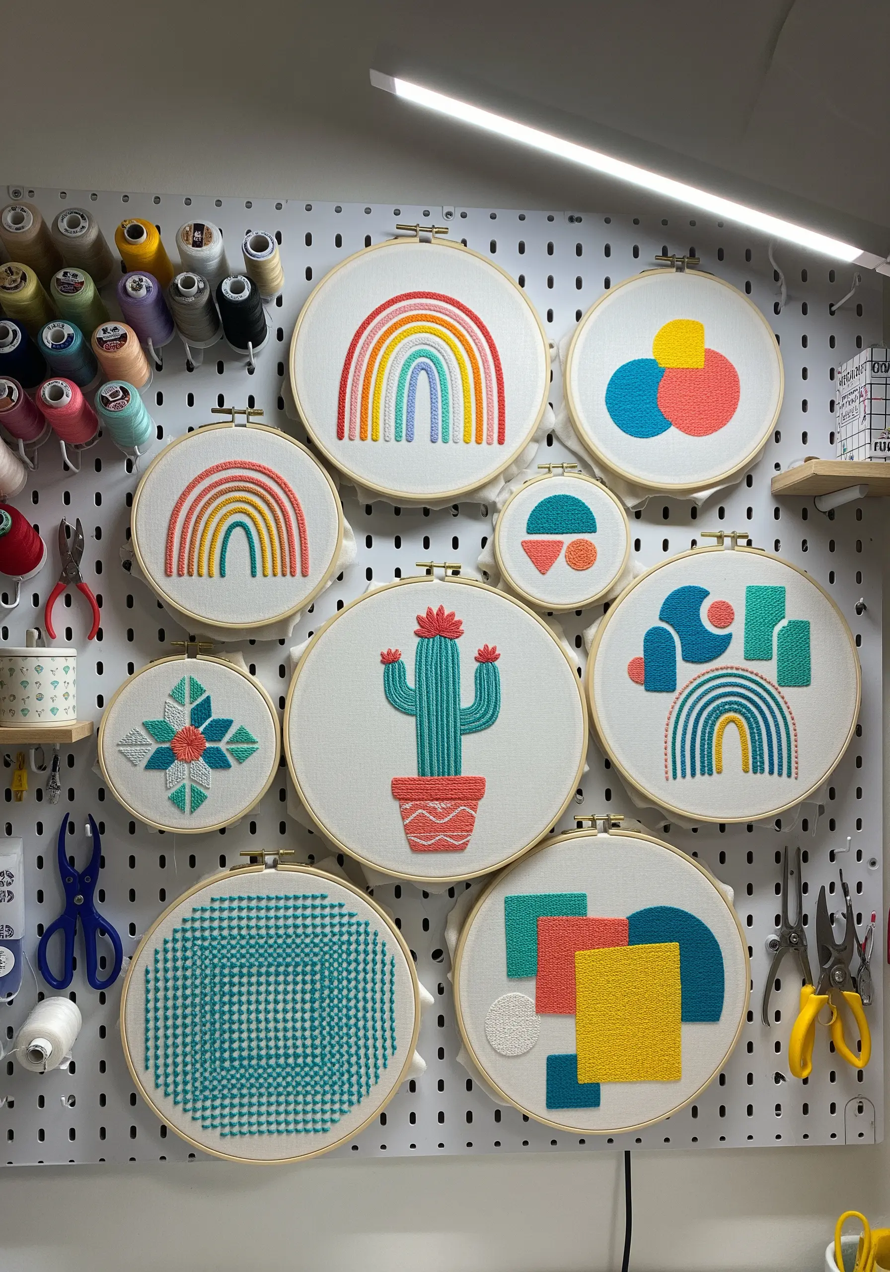 A pegboard displaying a collection of abstract and geometric embroidery hoops.