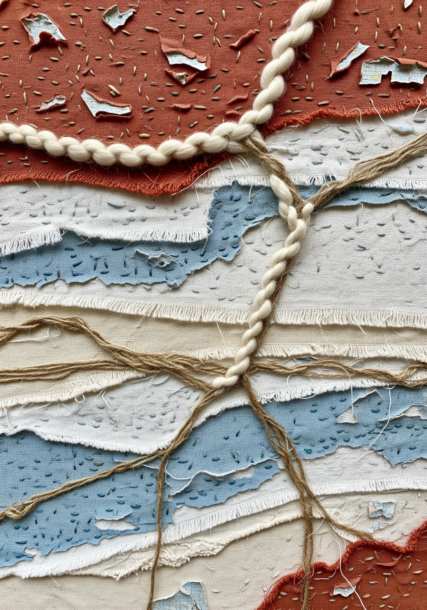 Abstract landscape made from layered, ripped fabric strips and twine.