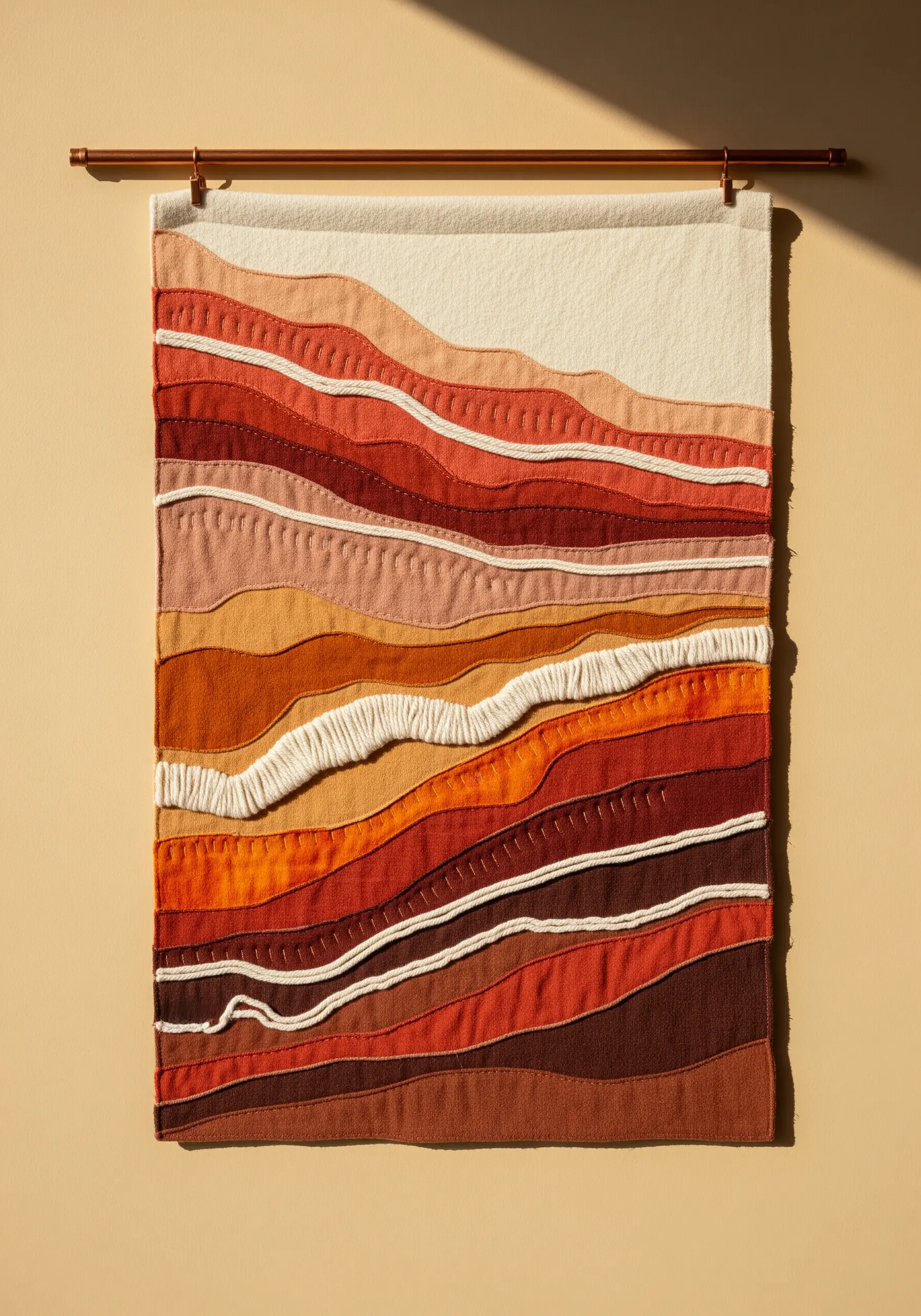 Abstract textile wall hanging with layered, stitched fabrics in earthy red and orange tones.