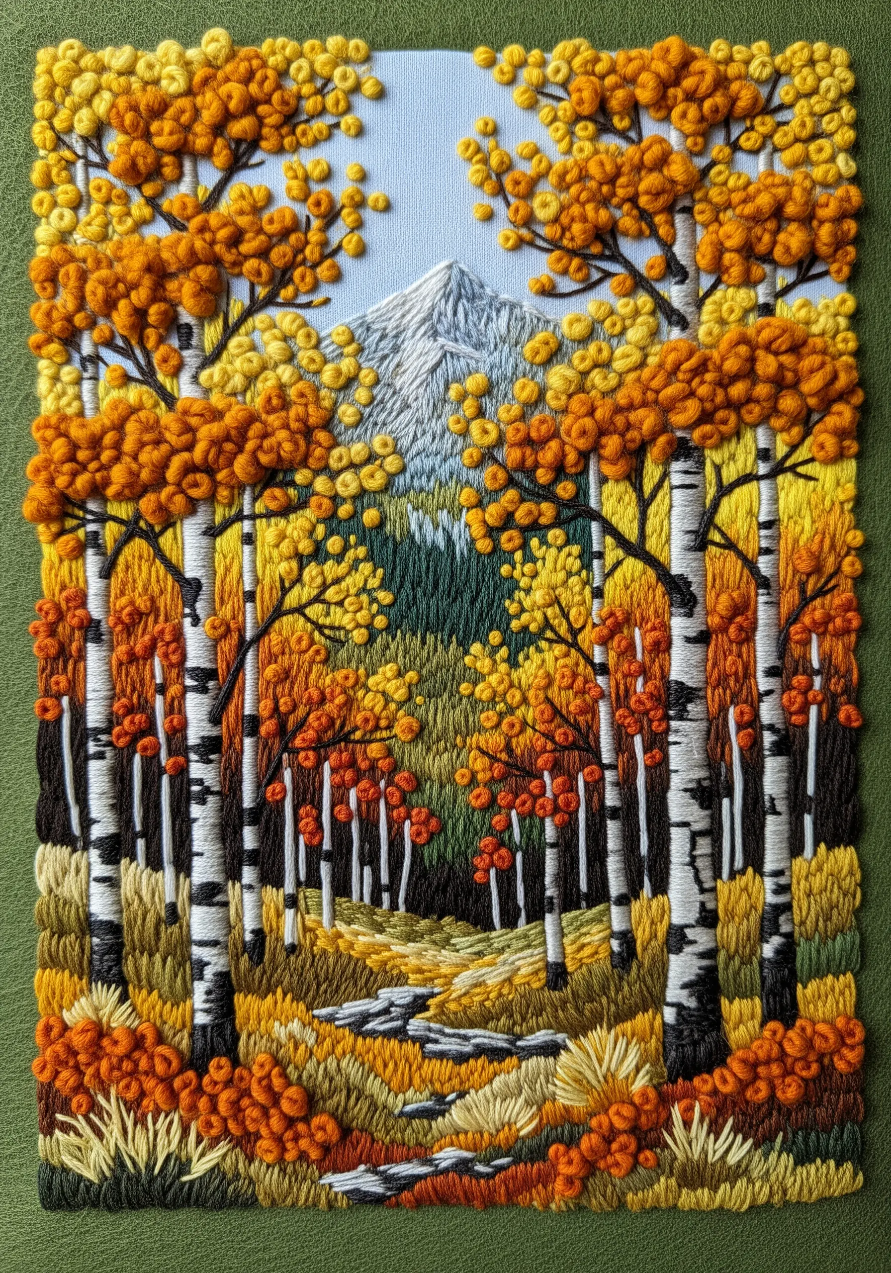 Vibrant autumn forest embroidery with textured orange and yellow French knot foliage.