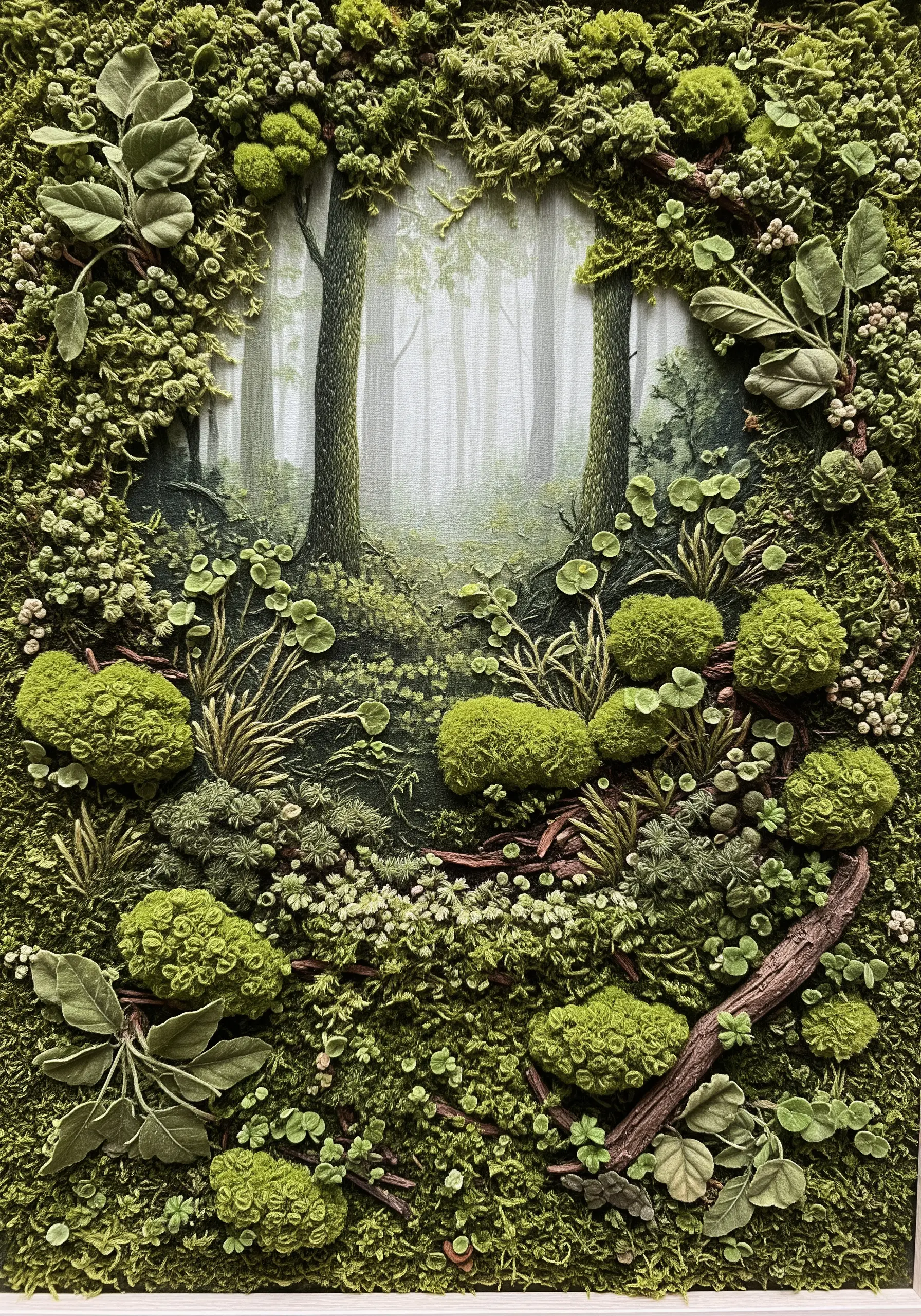 A dimensional embroidery scene of a forest with layered moss, leaves, and a painted background.