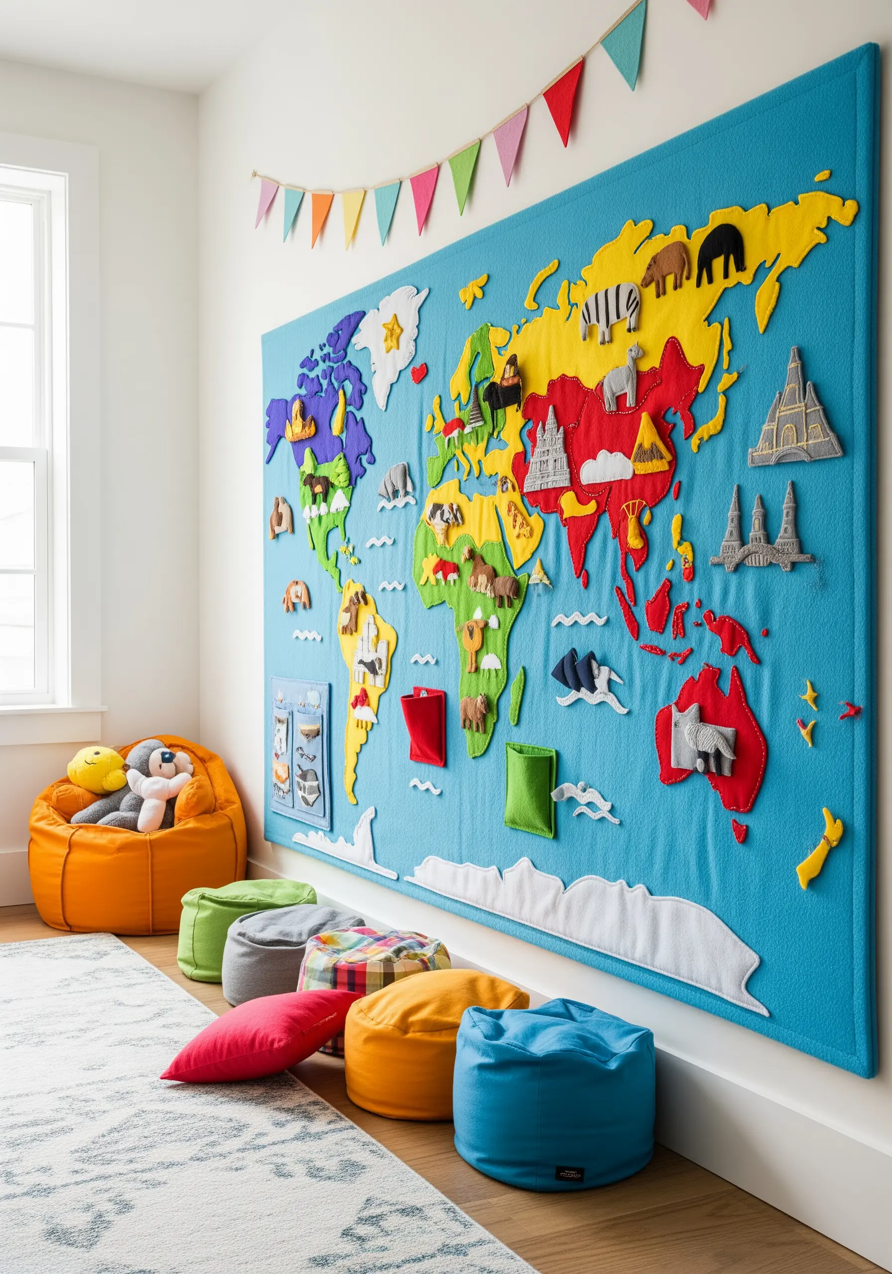 A large, colorful felt world map on a wall with small, attachable felt animals and landmarks