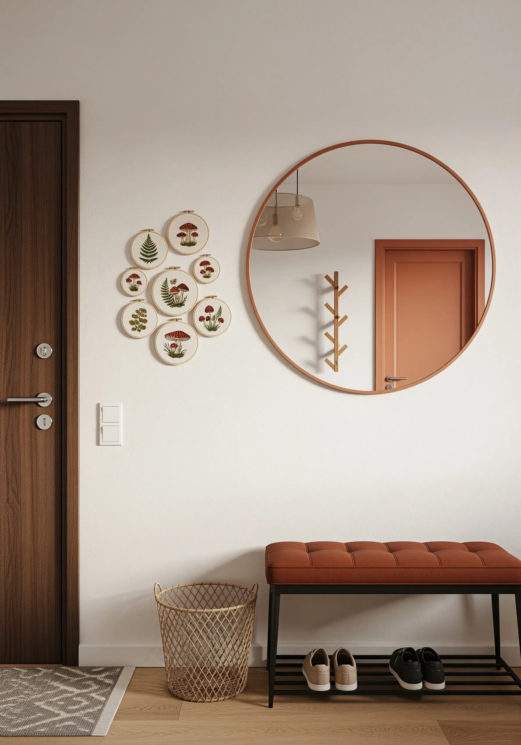 A cluster of eight embroidery hoops with mushroom and fern designs on a wall near a doorway.