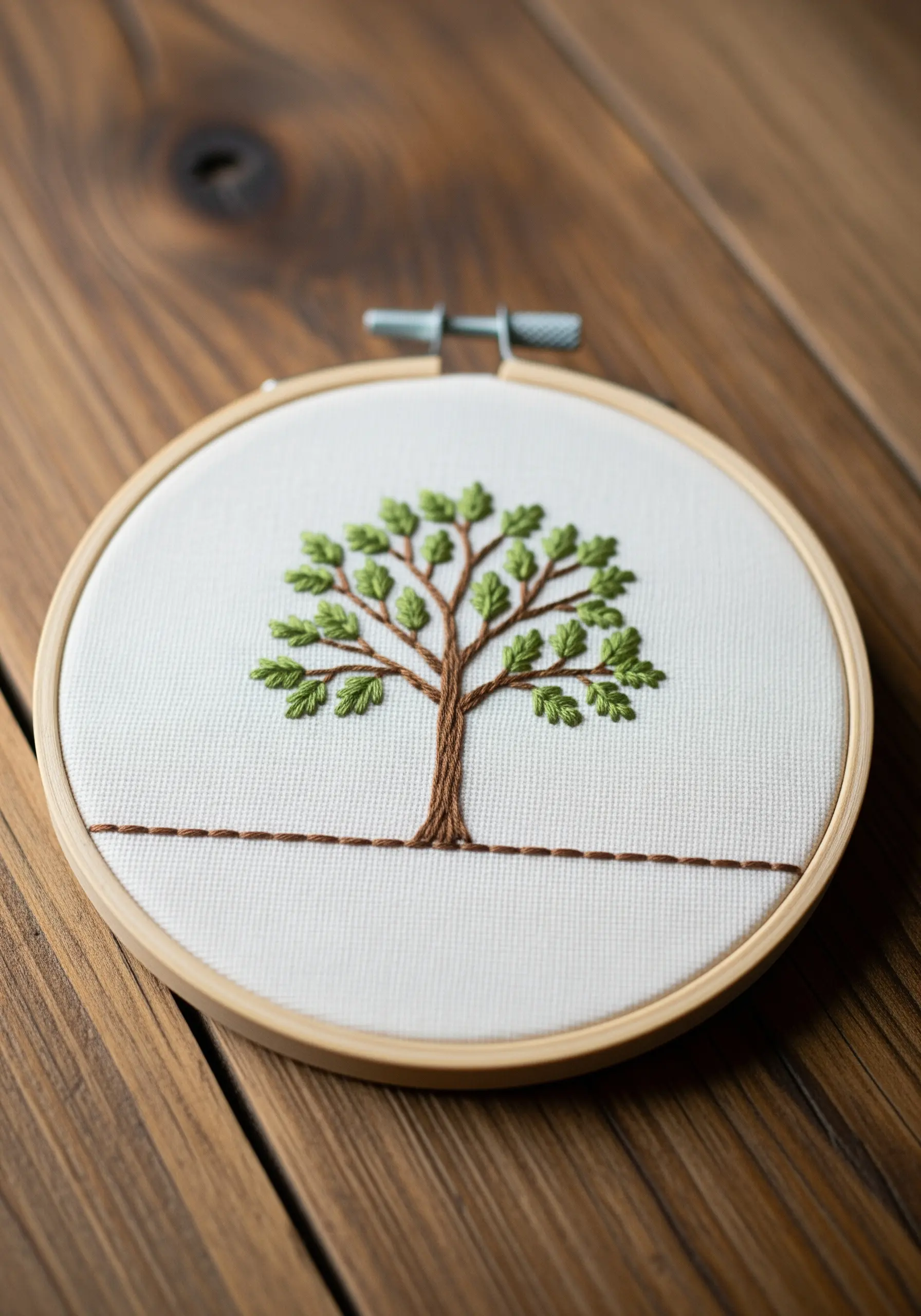 Embroidered tree of life with fishbone stitch leaves and a stem stitch trunk.