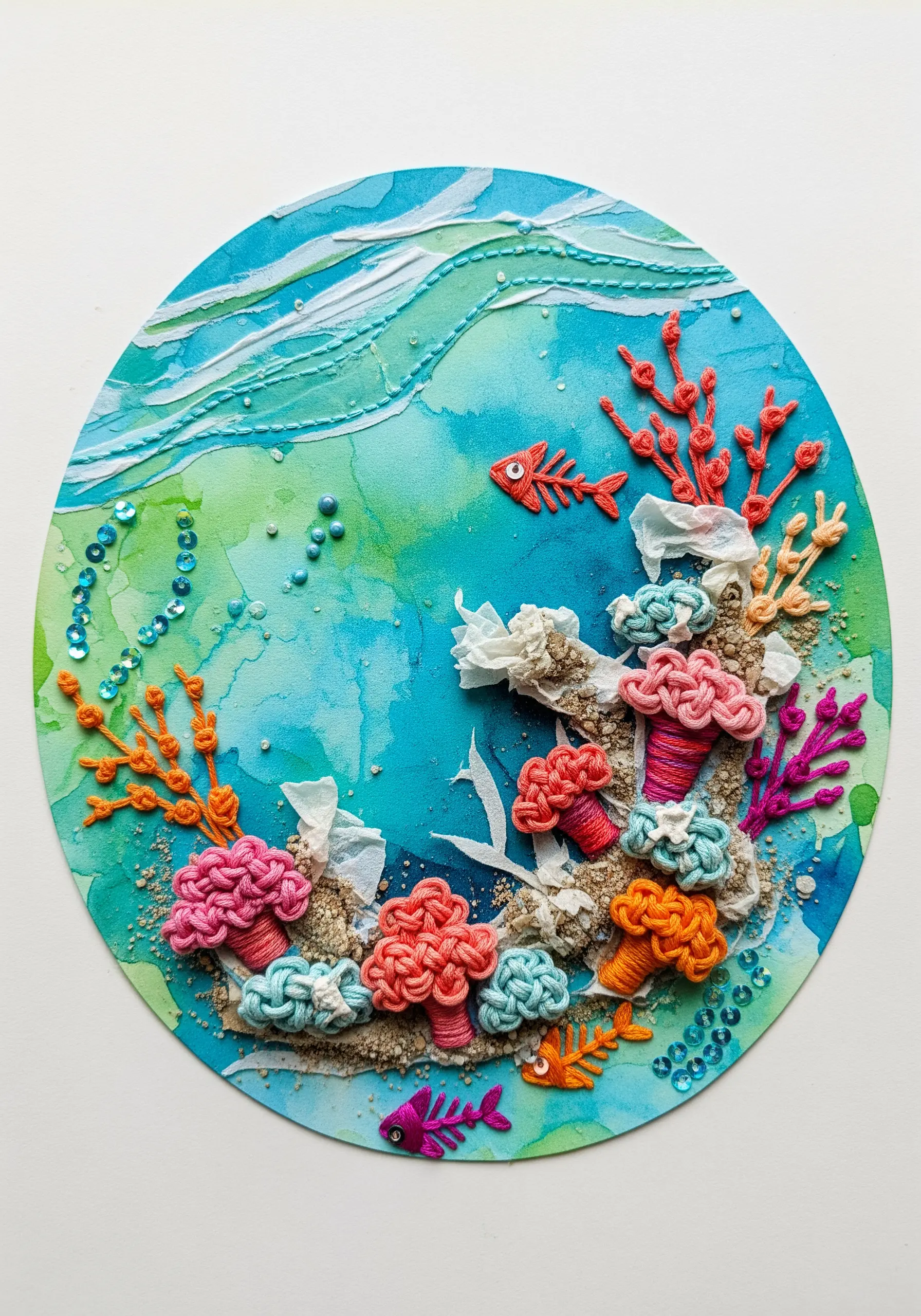 A mixed-media underwater scene with 3D embroidered coral, beads, and fabric on a watercolor background.