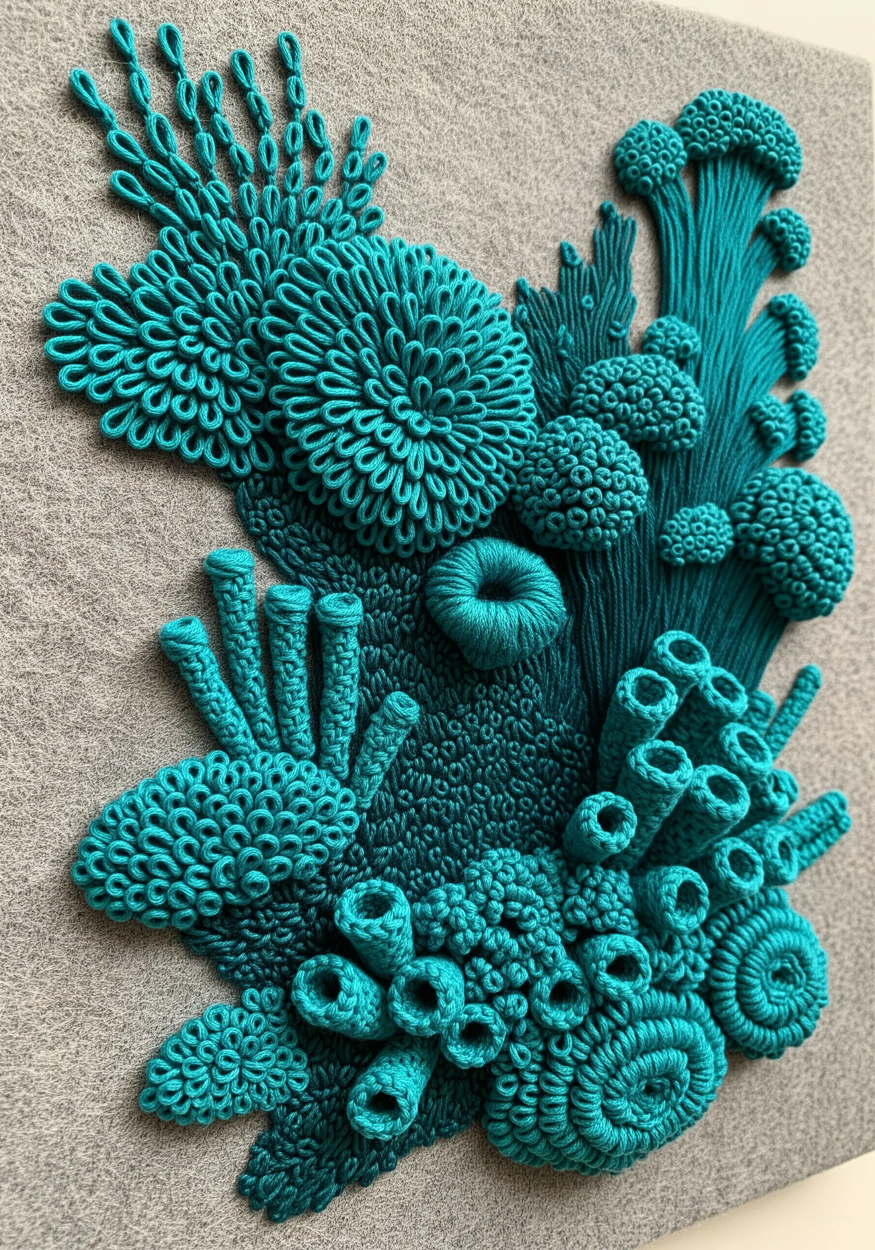 Highly dimensional teal embroidery depicting a coral reef with various stacked and knotted stitches.