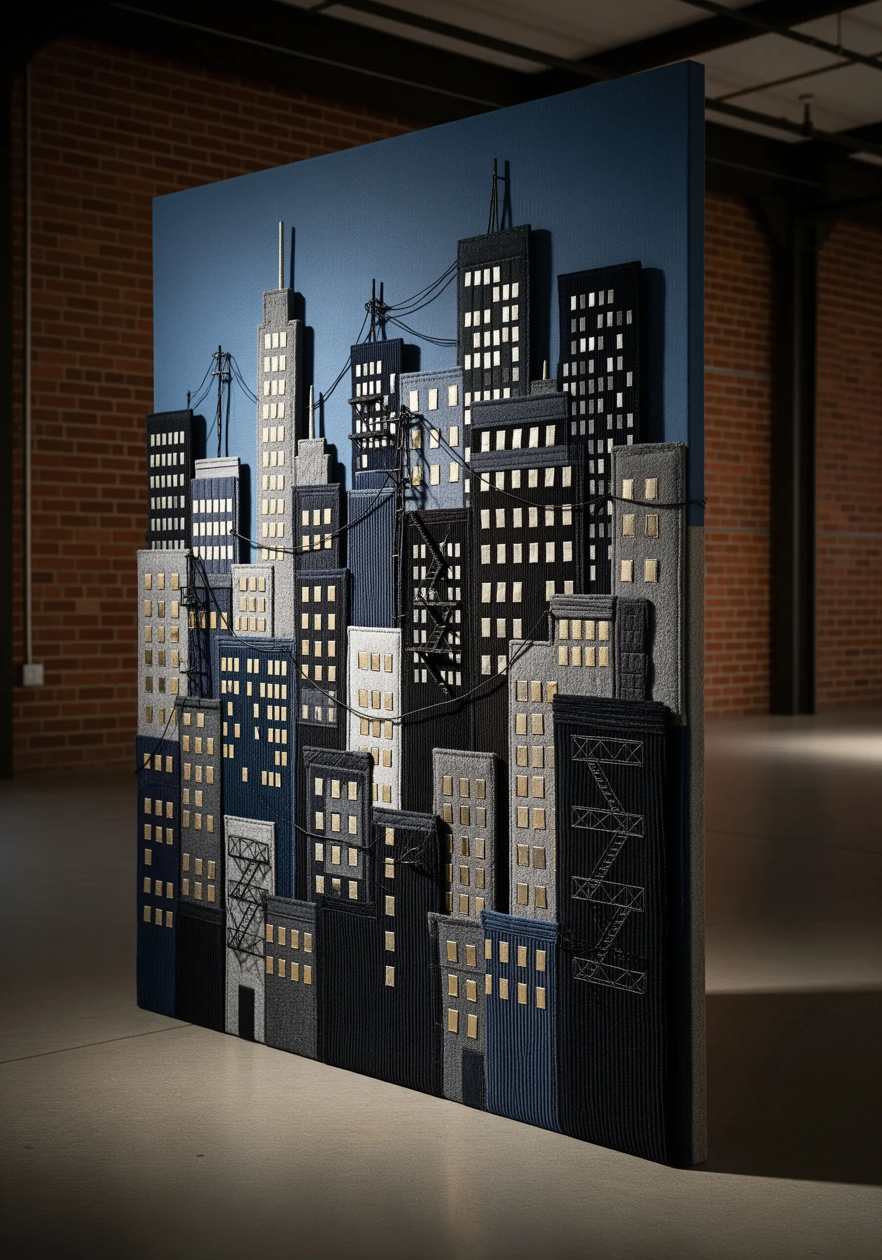 A 3D textile cityscape made from layered fabrics with embroidered details and metallic windows.