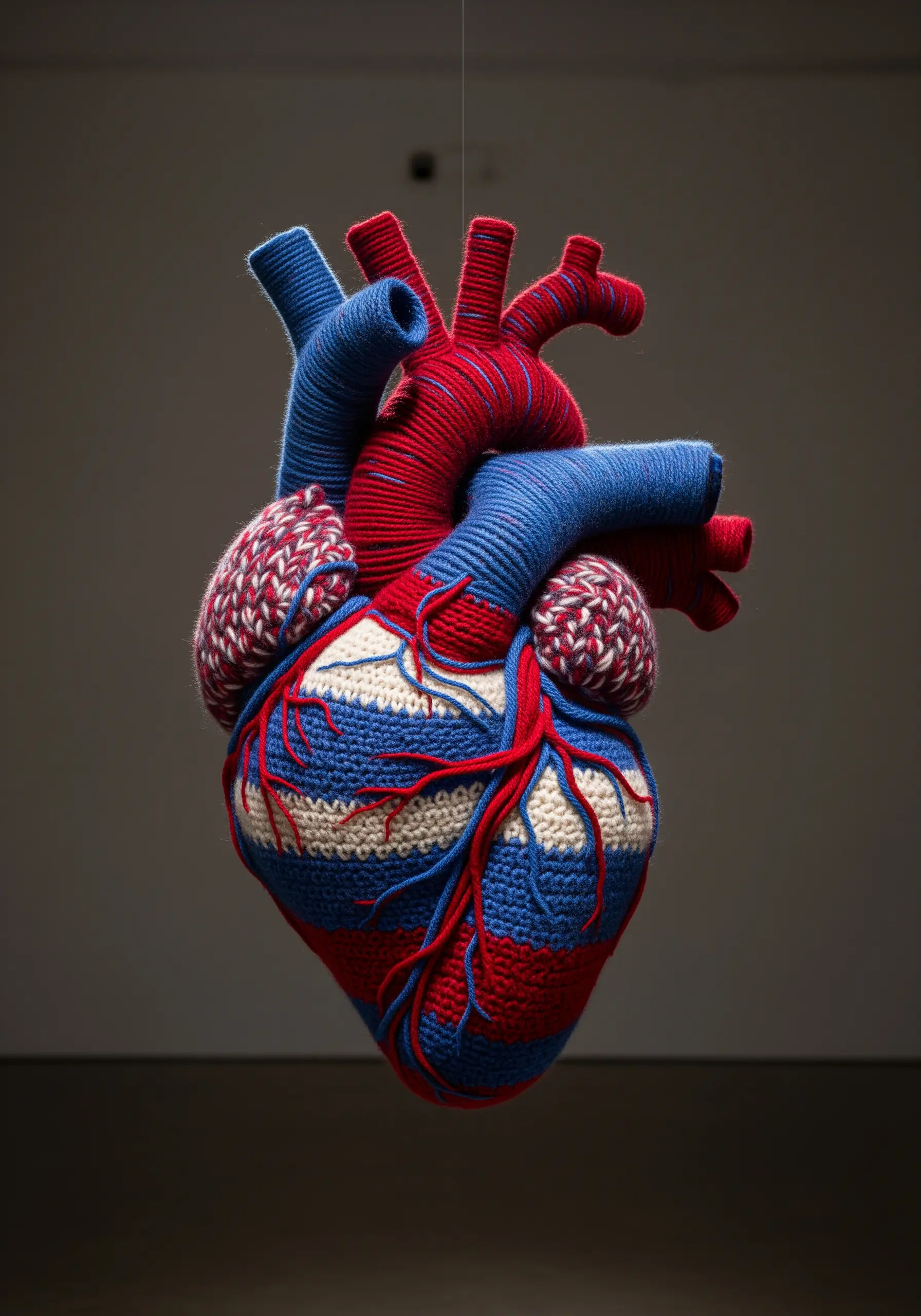 A detailed, anatomically correct heart sculpted from red, blue, and white yarn.