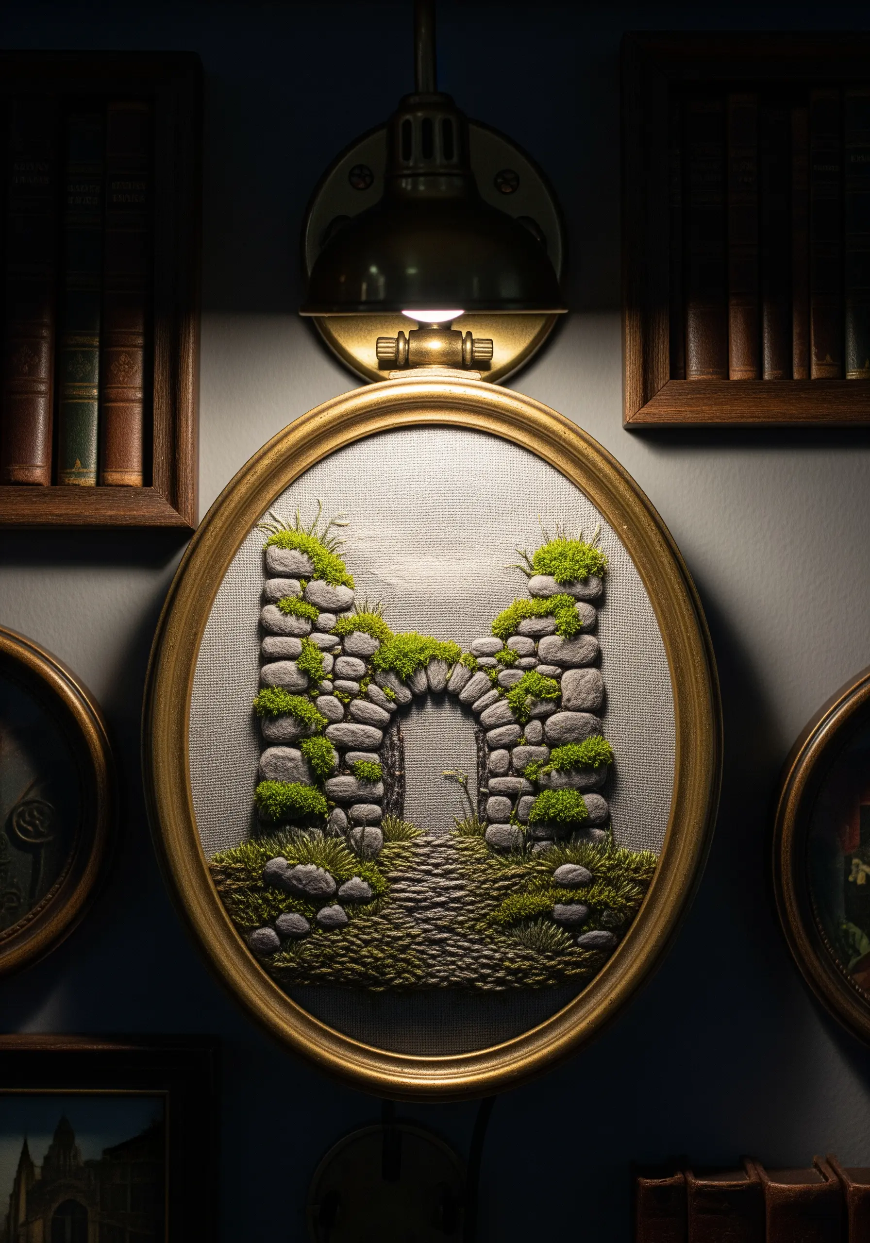 An oval hoop with an embroidered scene of an ancient, moss-covered stone archway.
