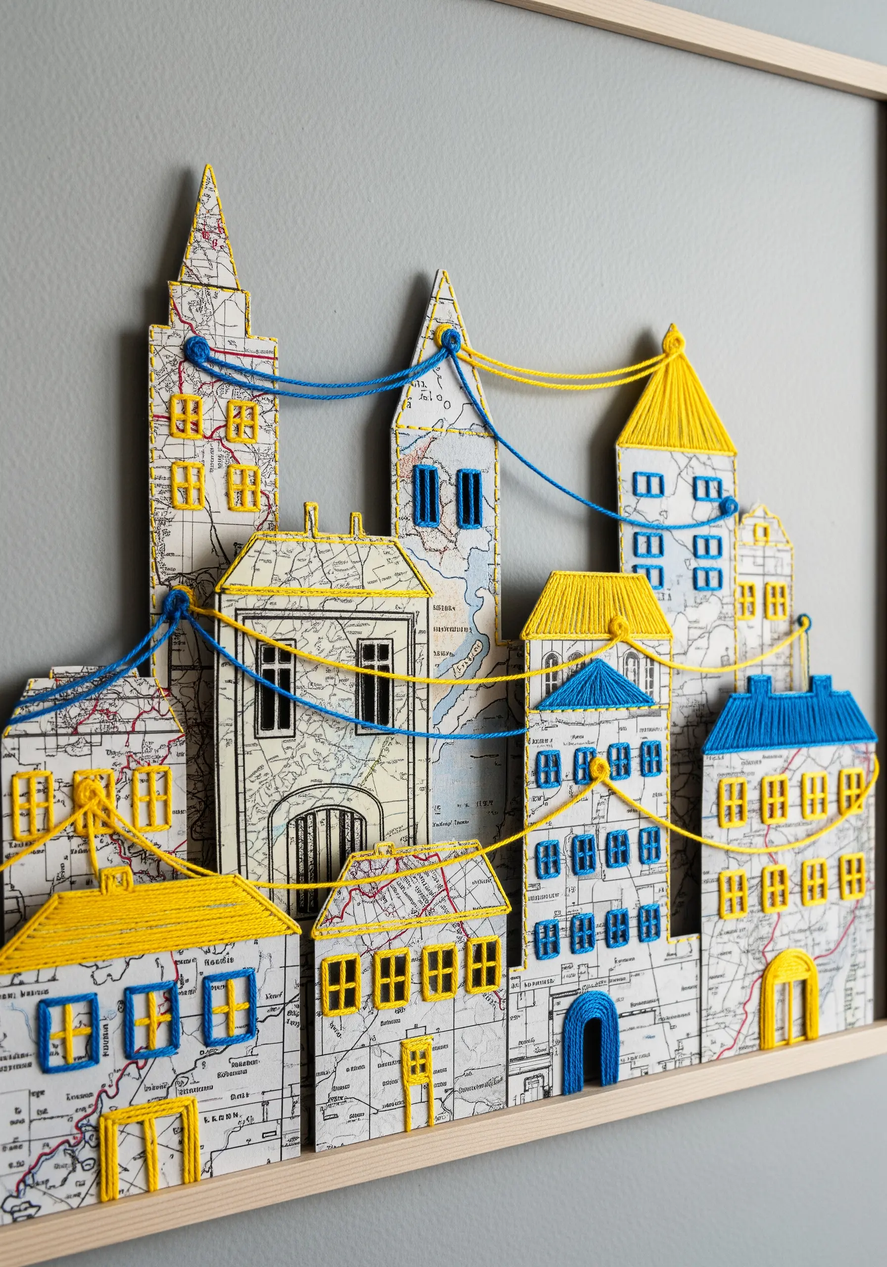 A cityscape collage made from maps, with architectural details wrapped in blue and yellow thread.