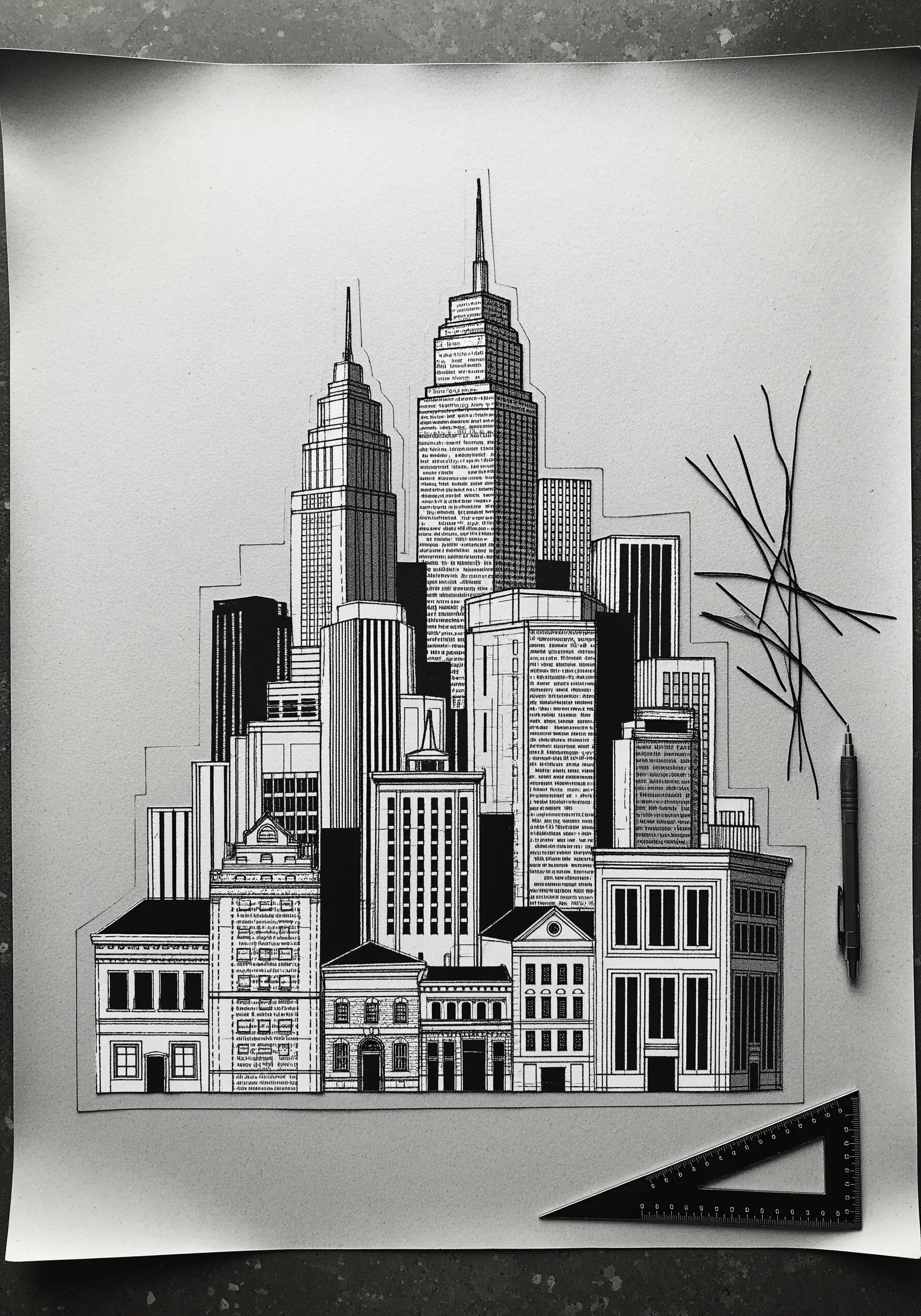 A black-and-white cityscape collage where buildings are made from paper with text.
