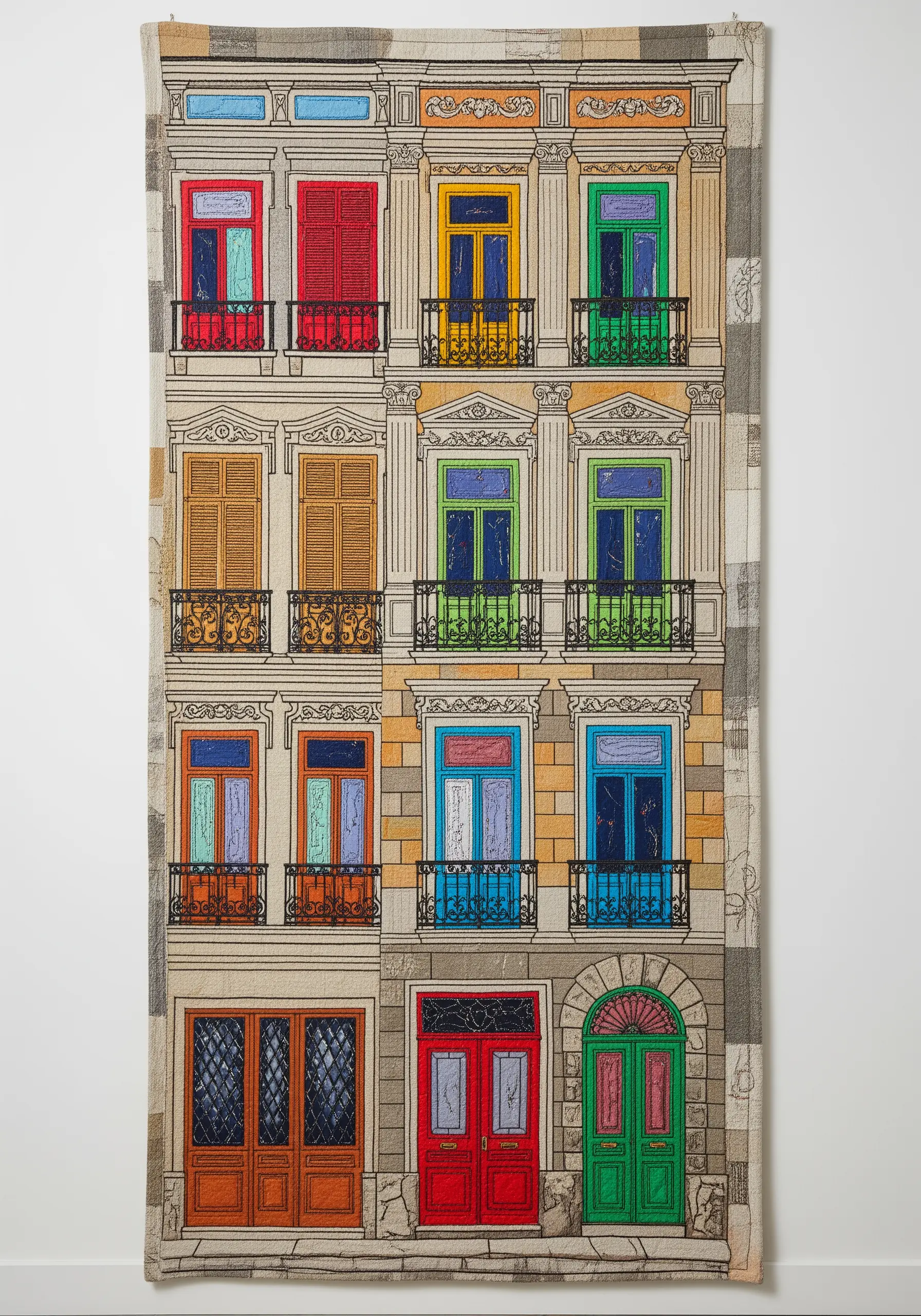 A large textile wall hanging depicting a colorful building facade with embroidered details.