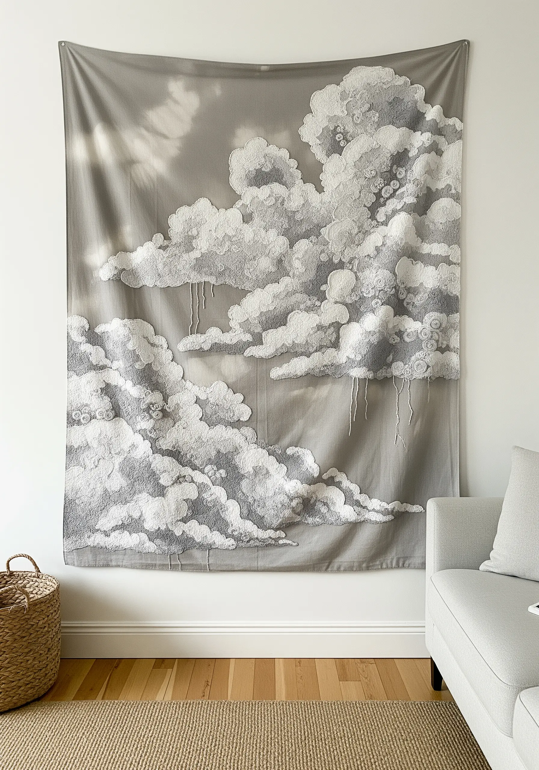 A large gray wall hanging featuring intricately embroidered, textural cloud formations in white thread.