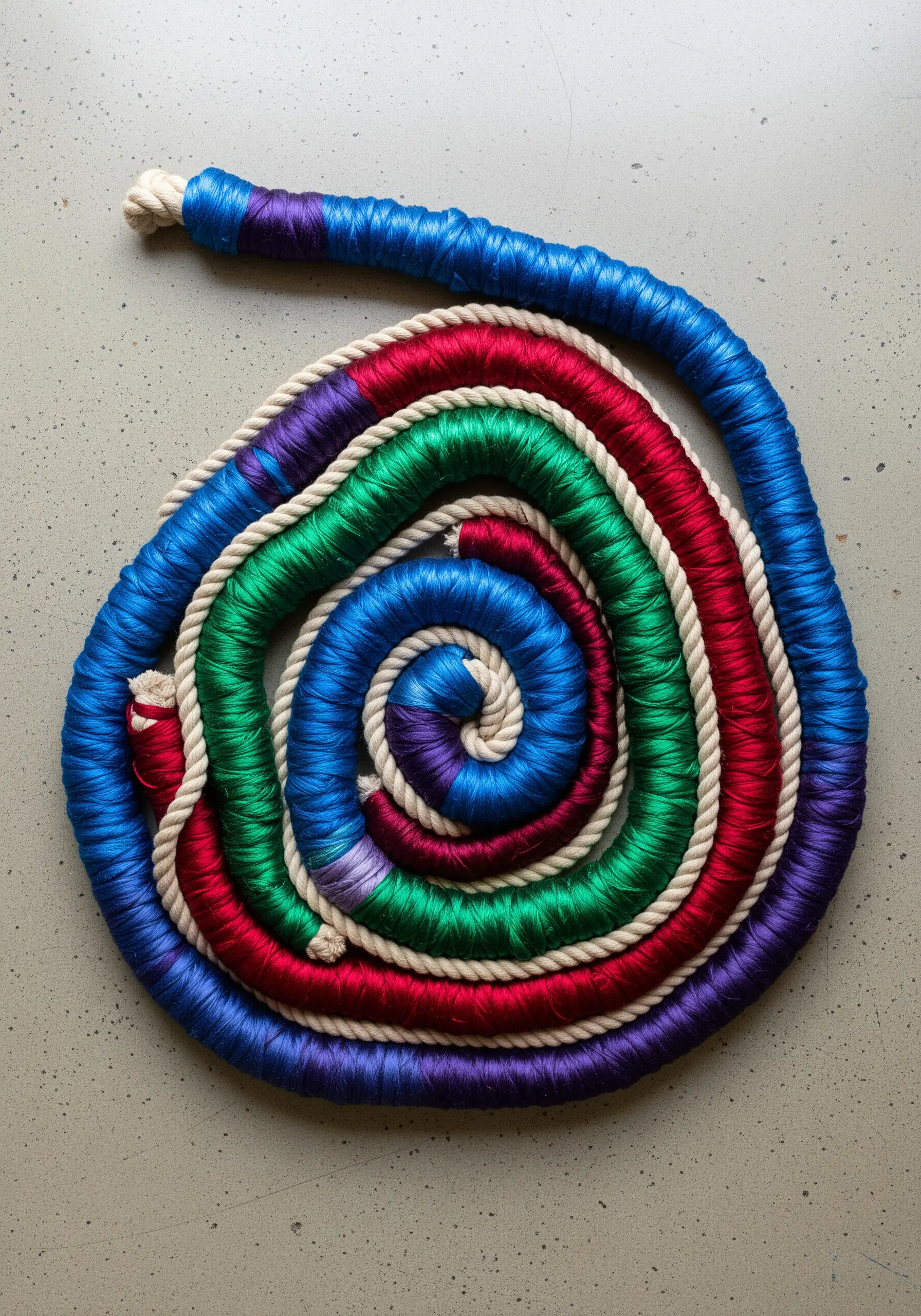A colorful coil of thick rope tightly wrapped with embroidery floss.