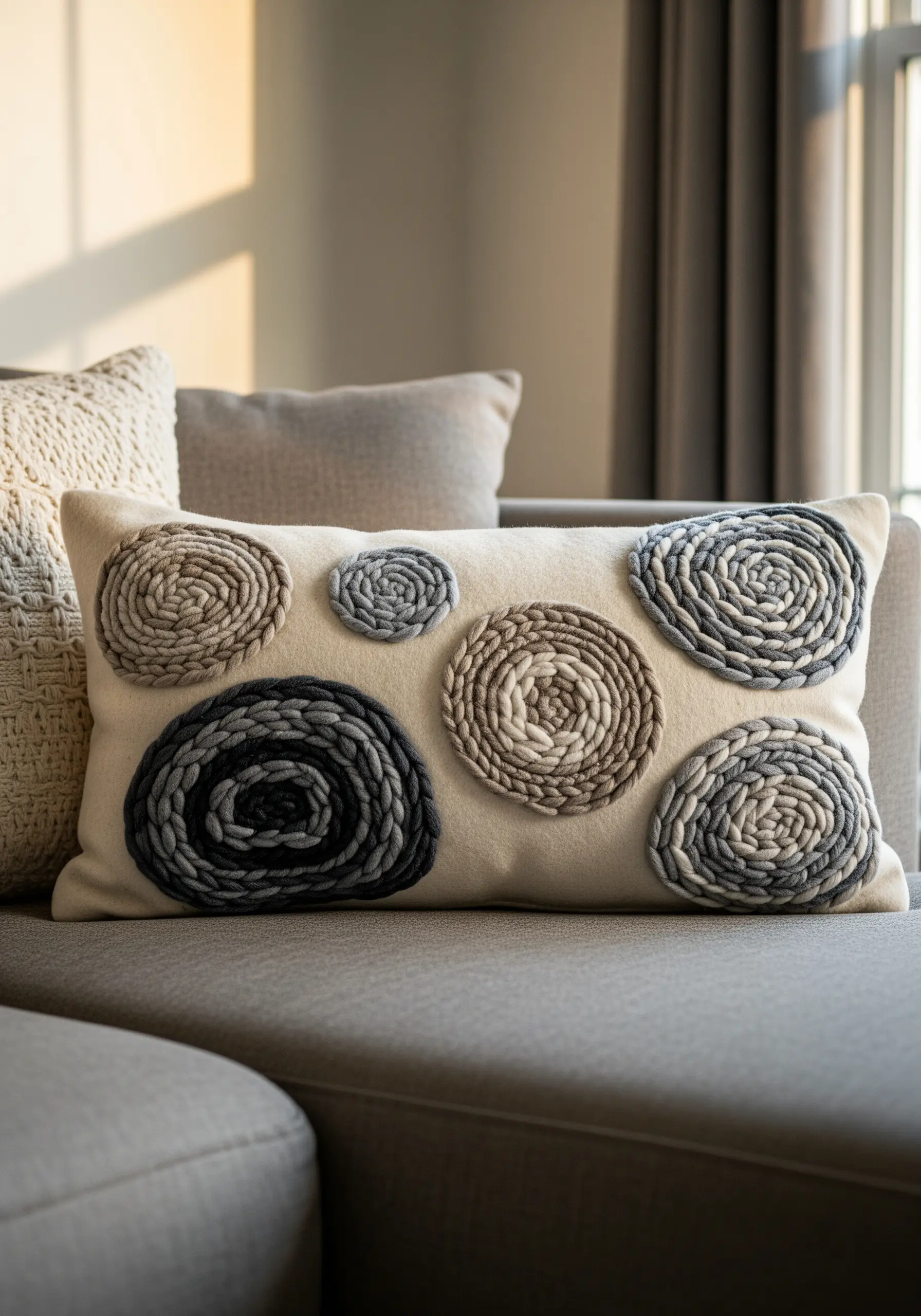 A neutral cushion decorated with large, spiraled circles made from couched, braided yarn.