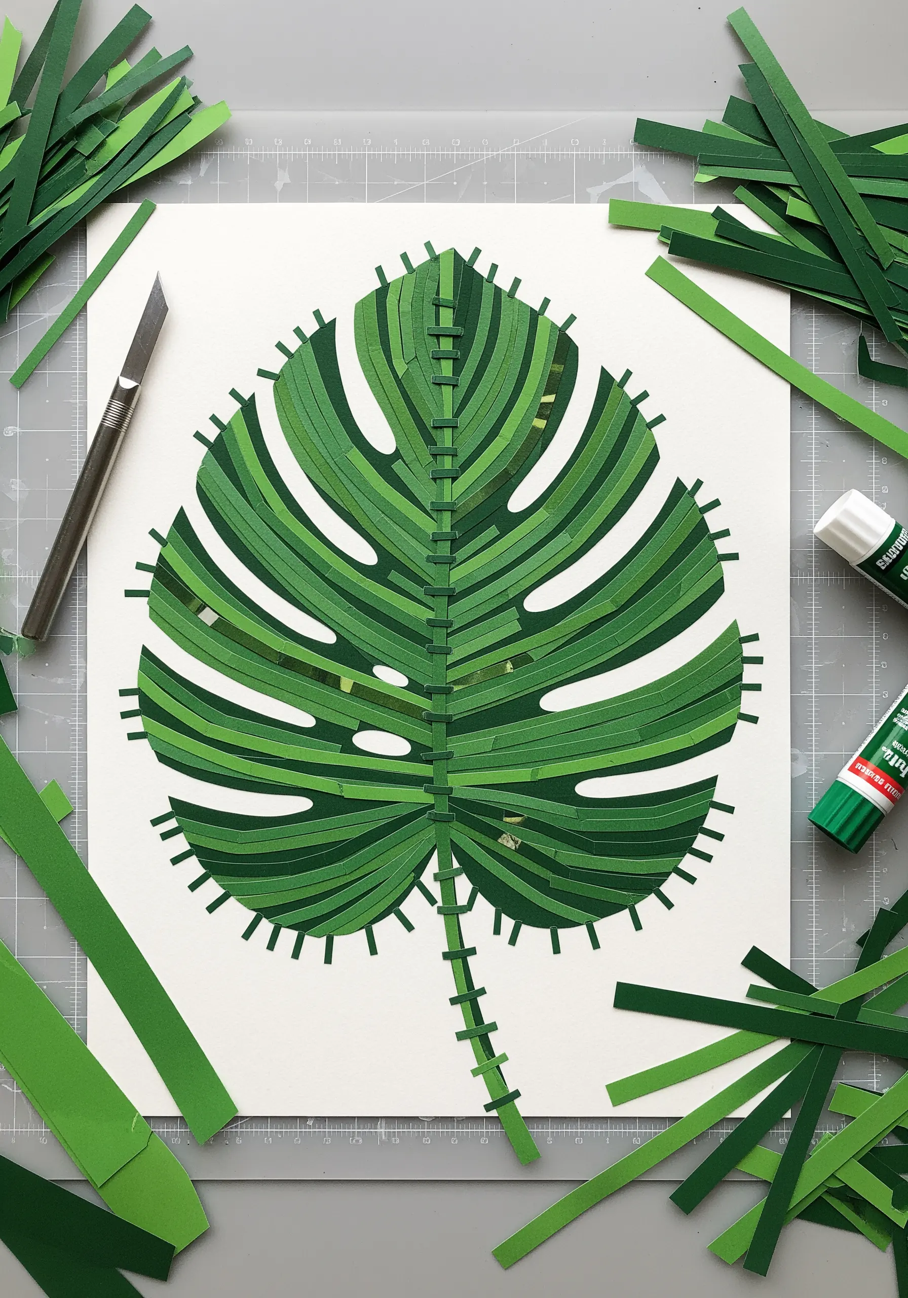 A monstera leaf made of layered green paper strips, resembling satin stitch.