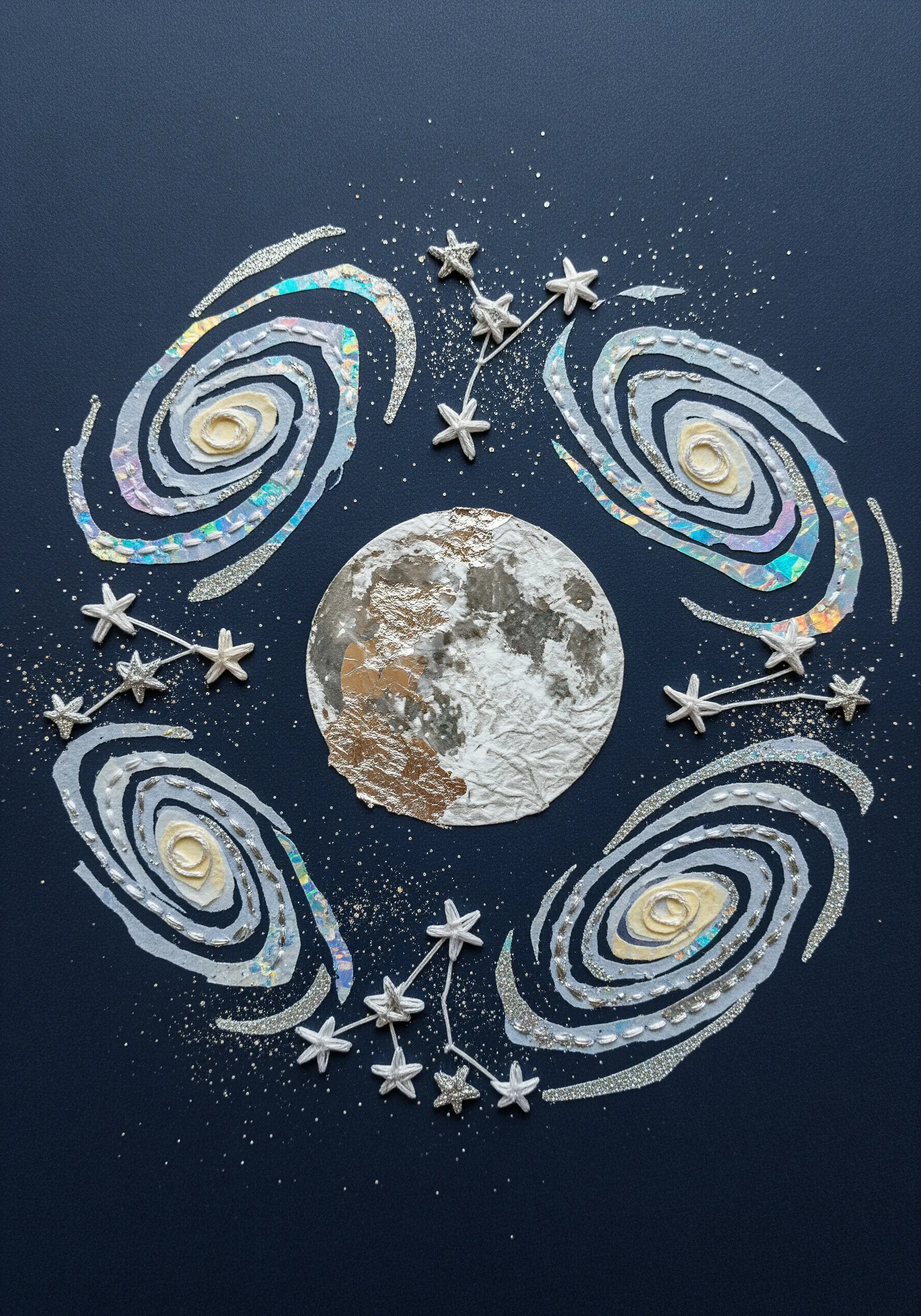A celestial collage of a moon and galaxies made with iridescent paper, foil, and glitter.