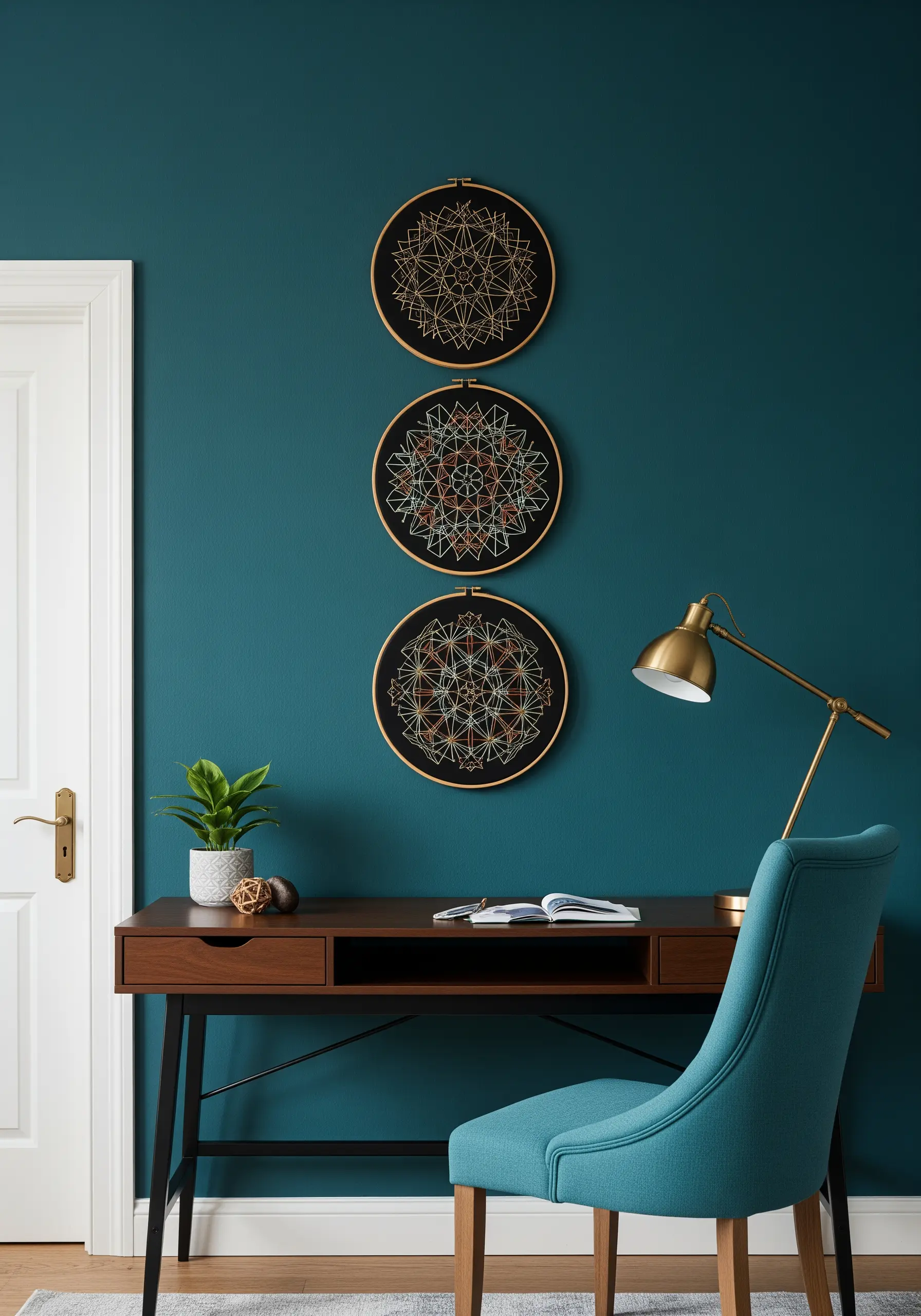 Three stacked hoops with complex geometric string art mandalas on a dark wall.