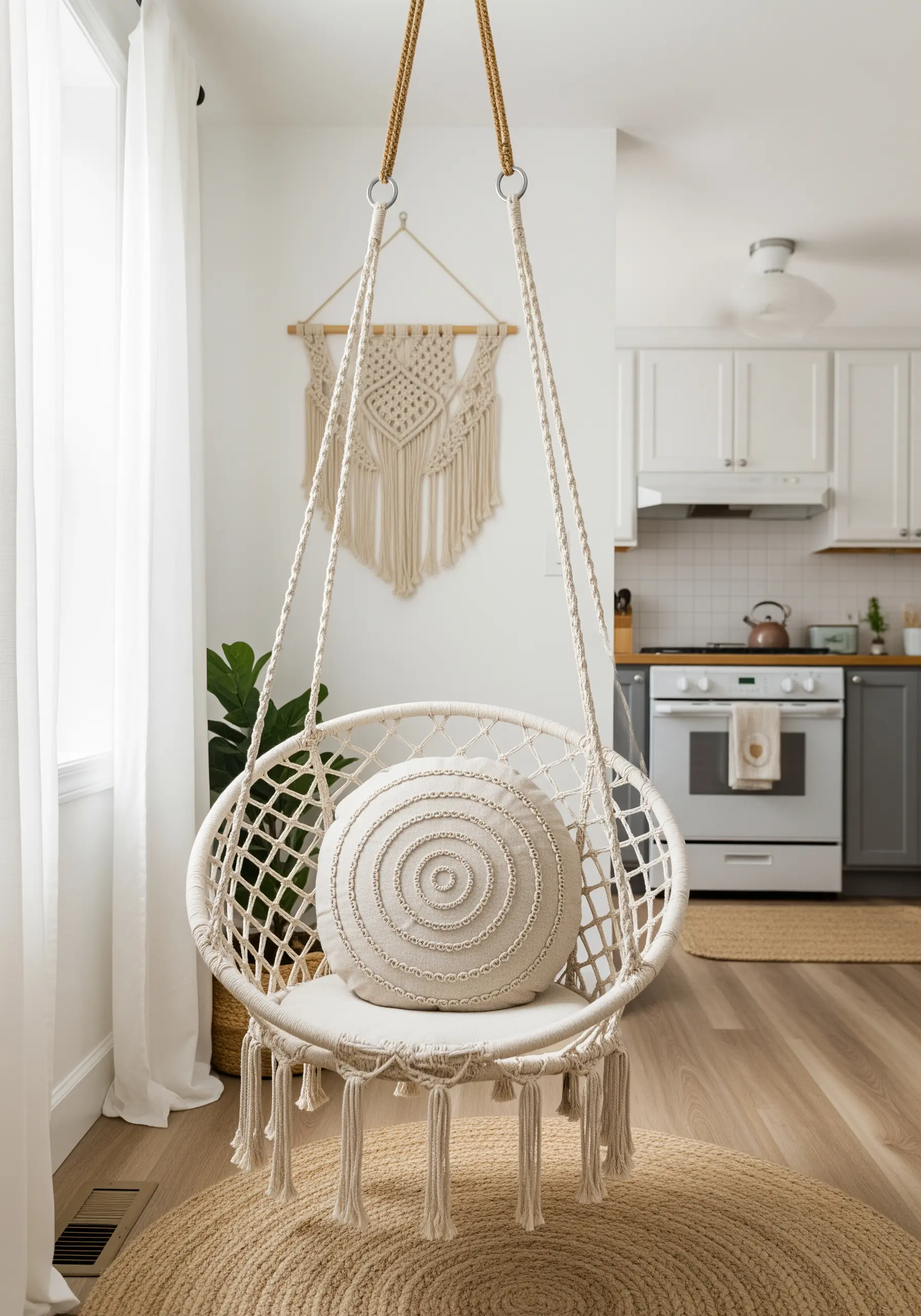 A round white cushion decorated with a spiral of raised knots and couched cord